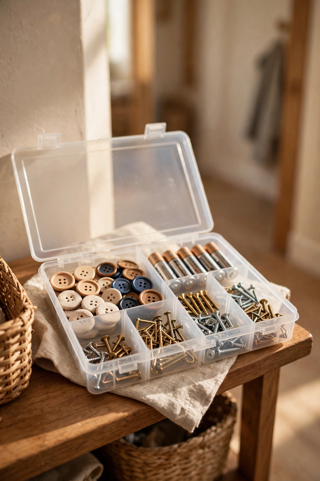 Divided compartment storage box with buttons, batteries and screws