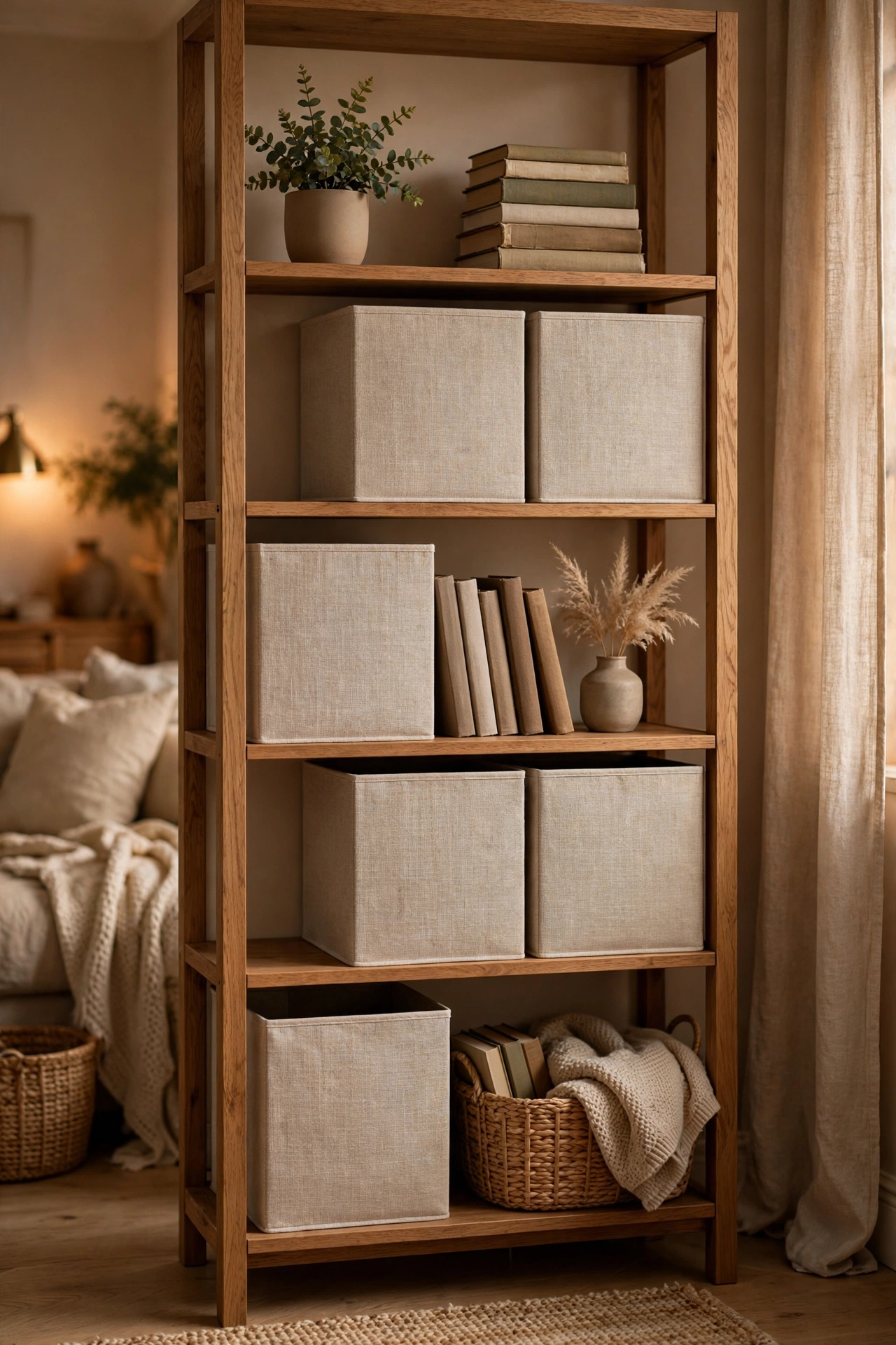Neutral fabric storage cubes on open living room shelves