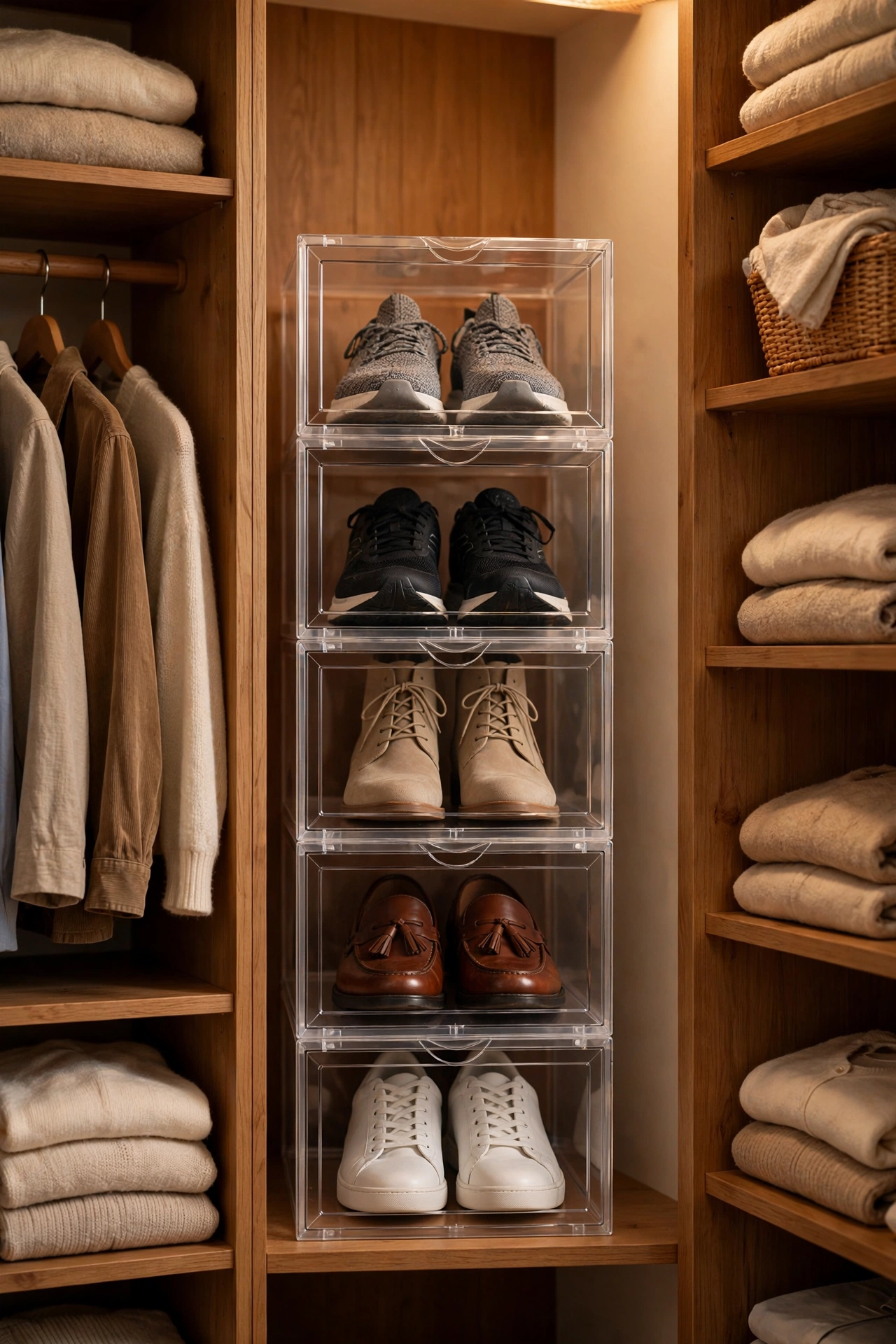 Stack of clear drop-front shoe boxes in a wardrobe alcove