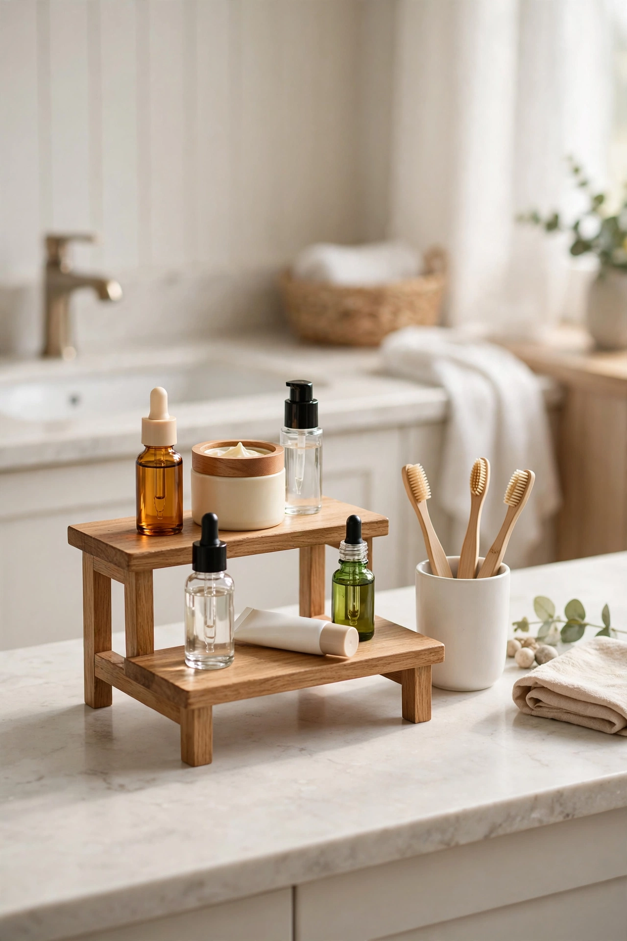 Two-tier riser shelf on a bathroom counter with skincare bottles