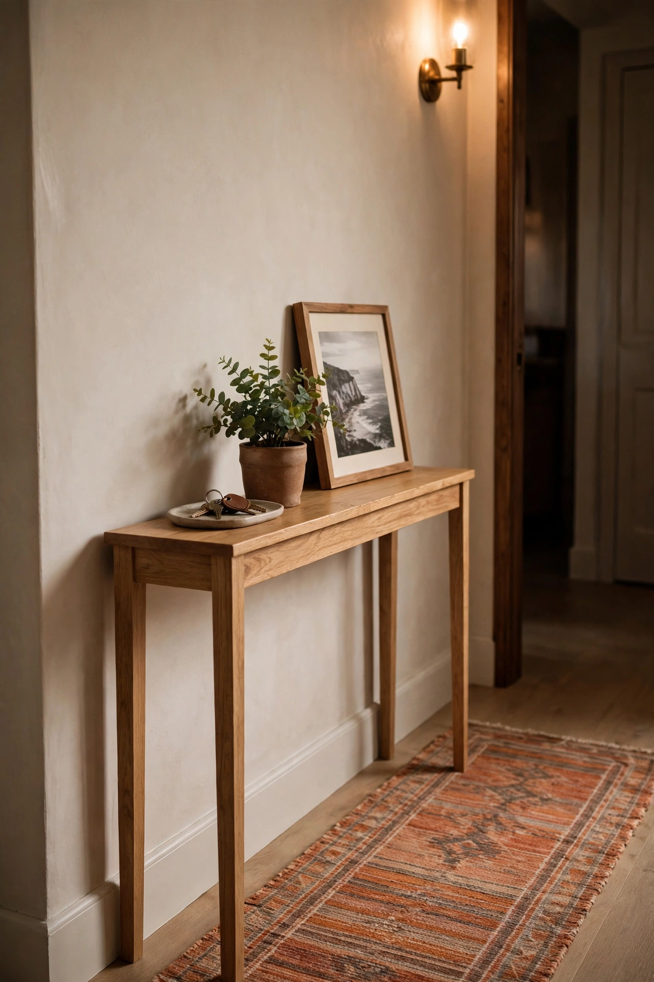 Slim wooden console table in a narrow hallway with key tray and plant