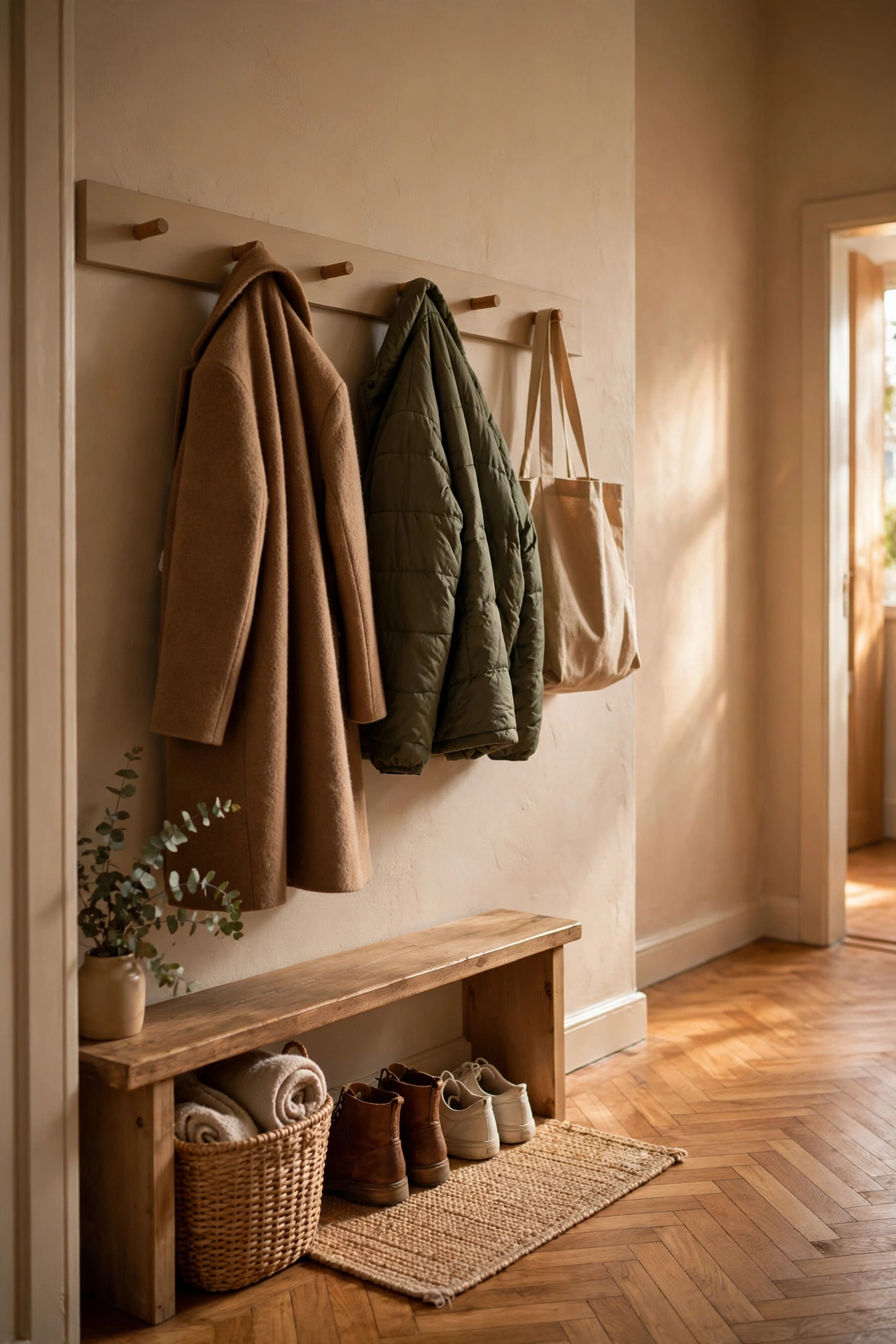 Wooden peg rail with coats and bags in a small entryway