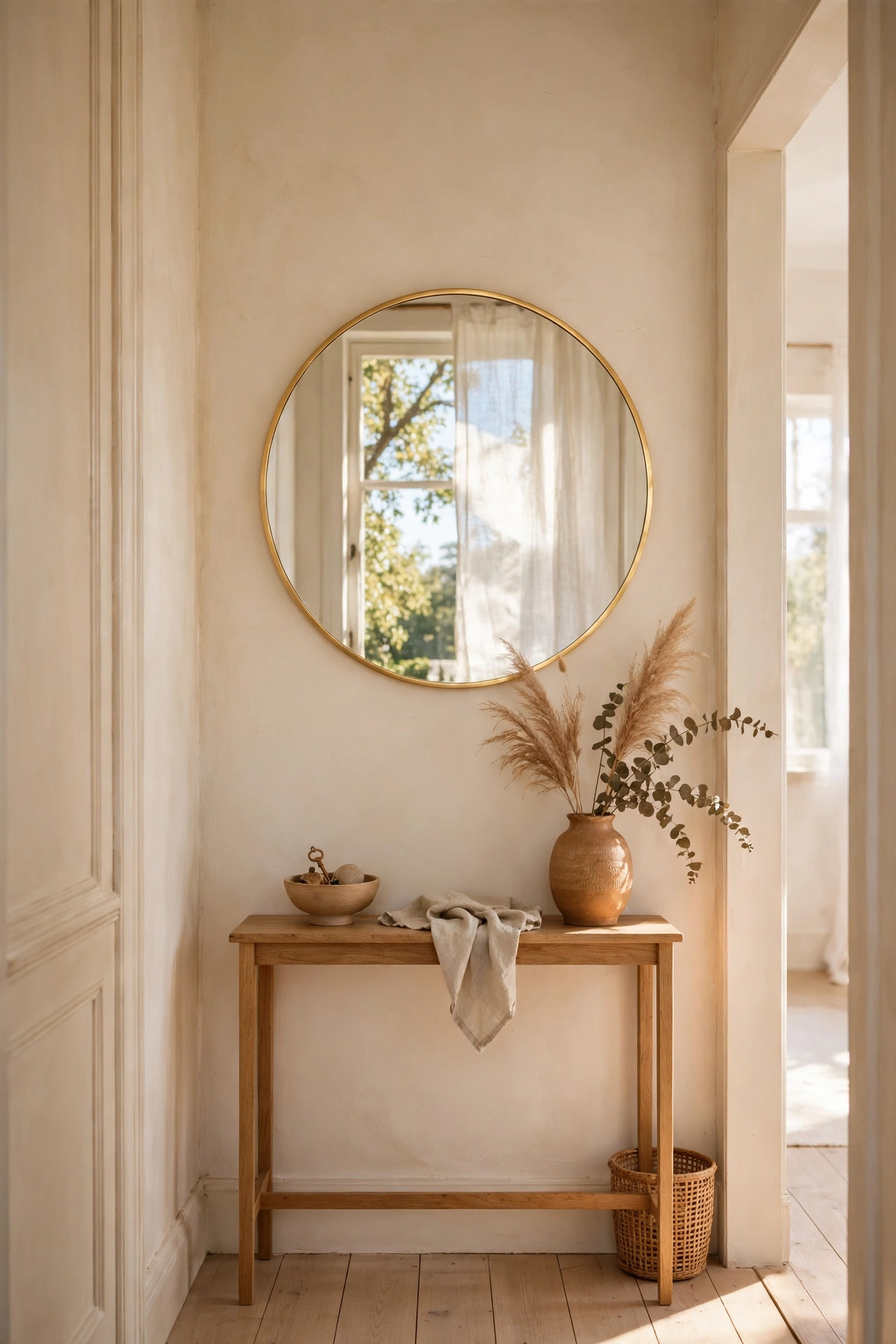 Round wall mirror above a console table in a narrow hallway
