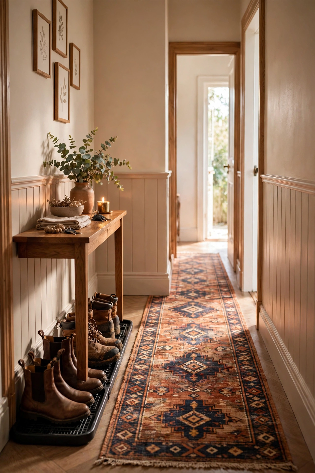 Narrow low-pile runner rug running down a small hallway
