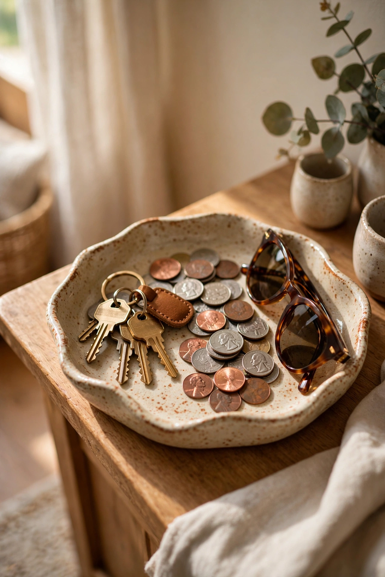 Ceramic catch-all tray with keys and sunglasses on an entryway console
