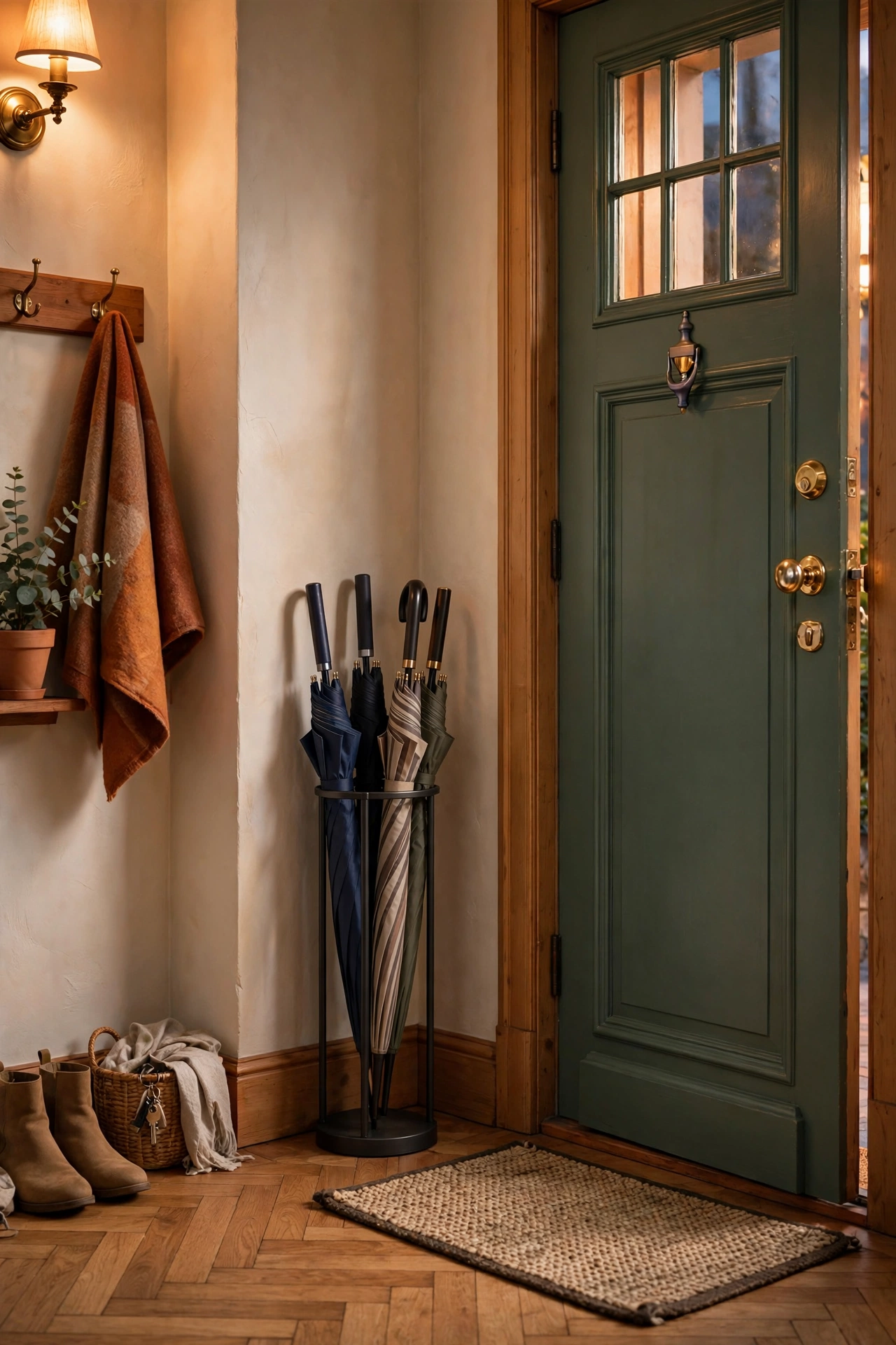 Tall slim umbrella stand in a hallway corner with umbrellas