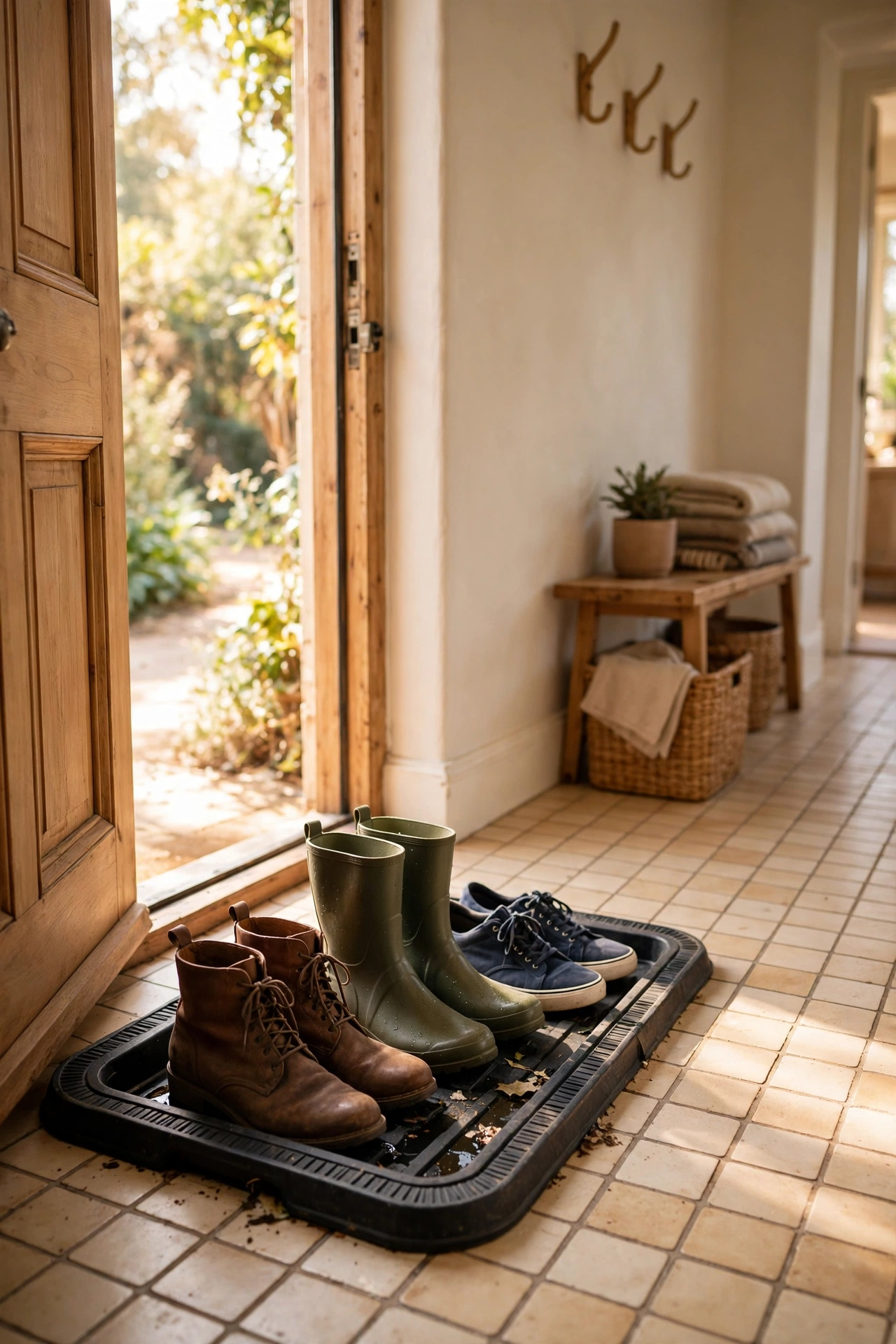 Rubber boot tray with shoes by the front door