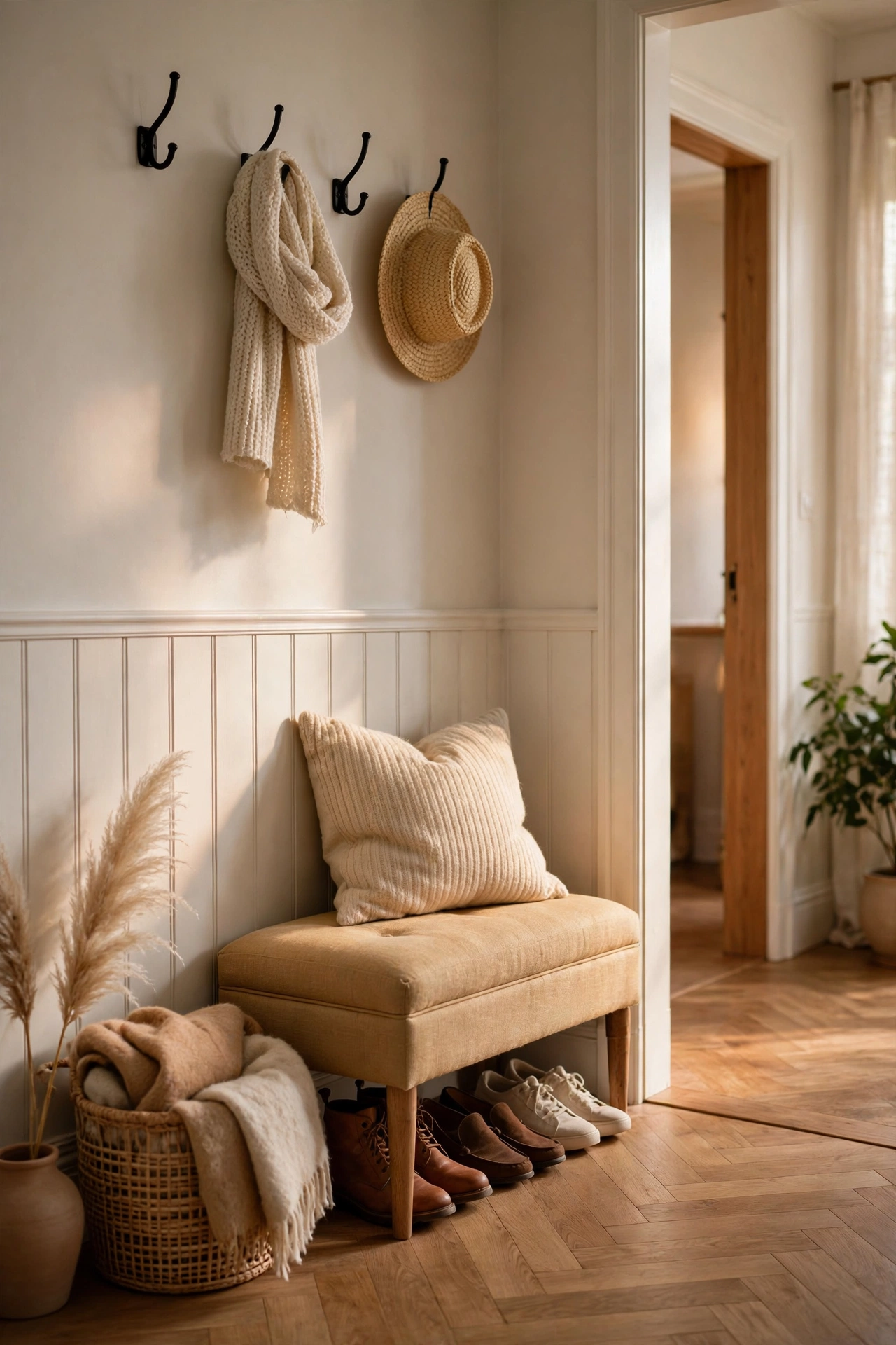 Small upholstered entryway bench with a cushion in a hallway