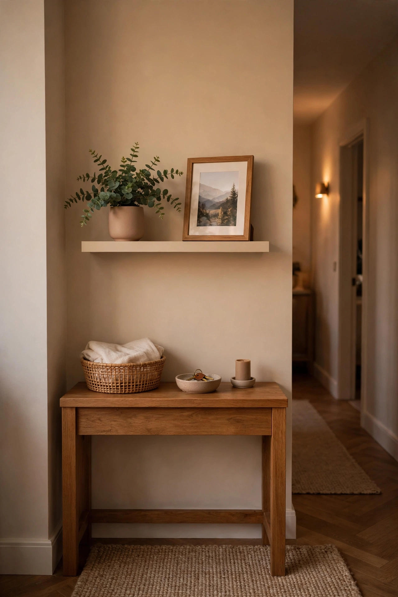 Floating wall shelf above a console table with small decor pieces