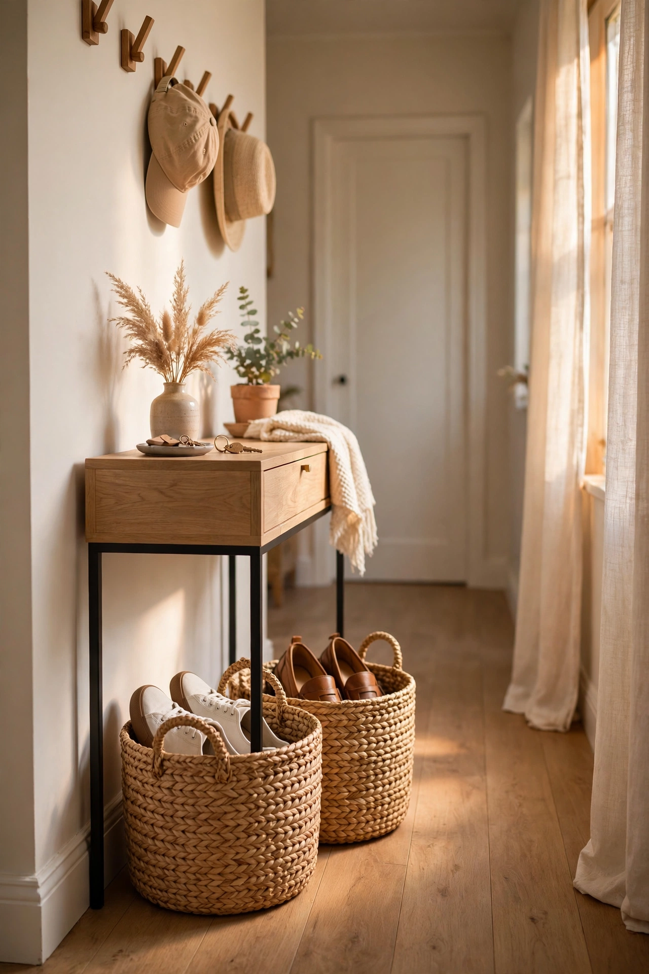 Two woven seagrass baskets with shoes under an entryway console