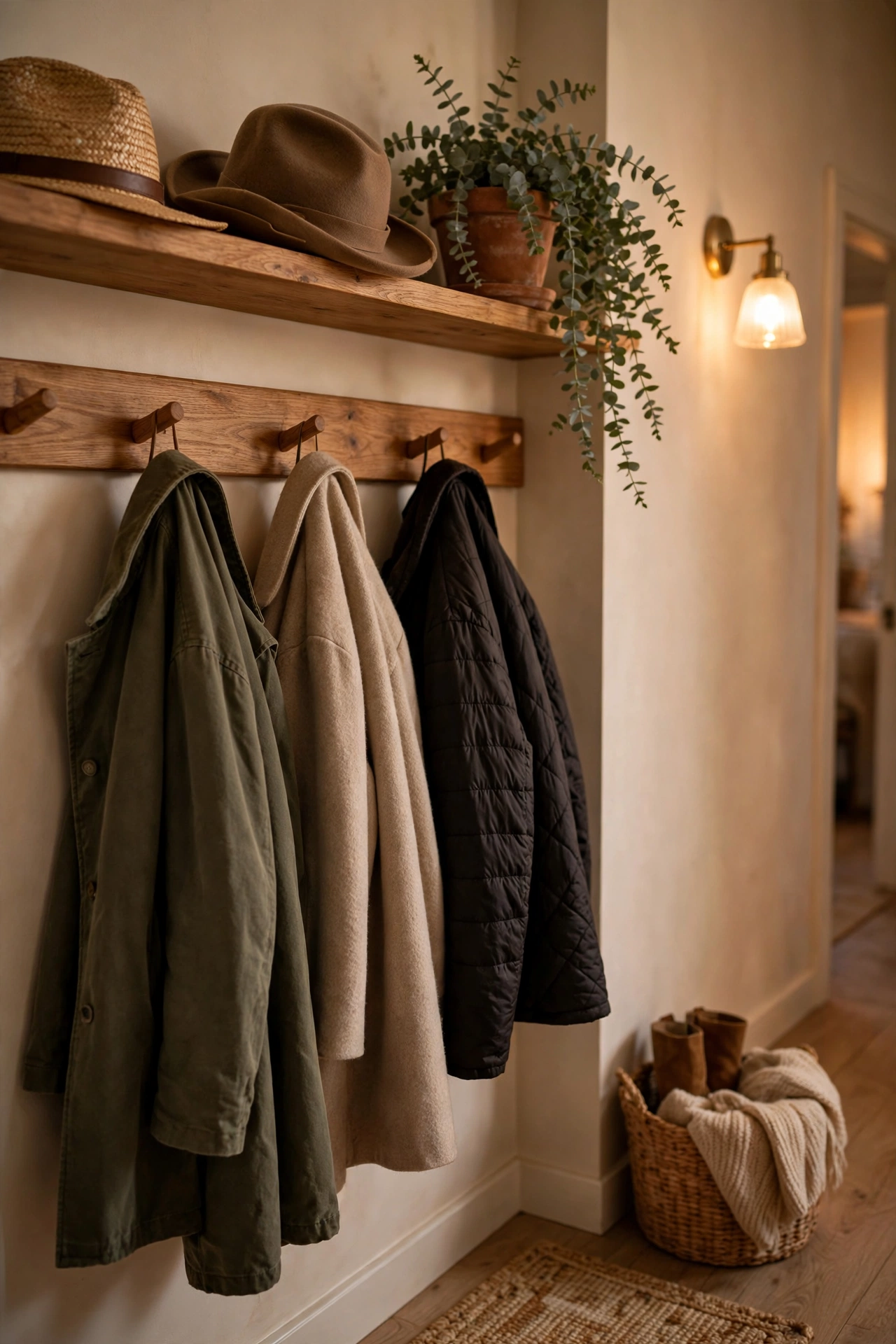 Hook rail with top shelf holding coats and hats in an entryway