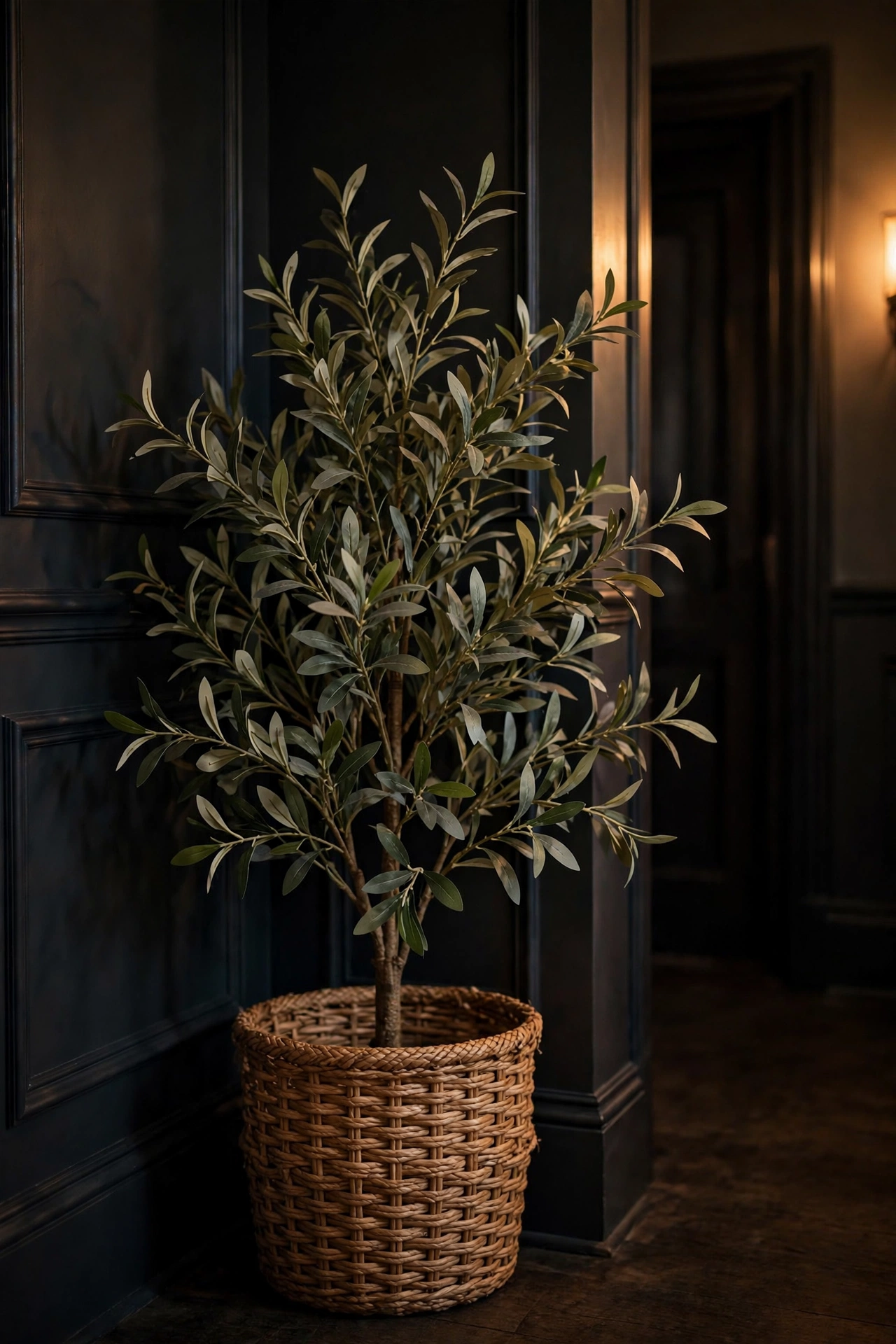 Faux olive plant in a woven basket in a dark hallway corner