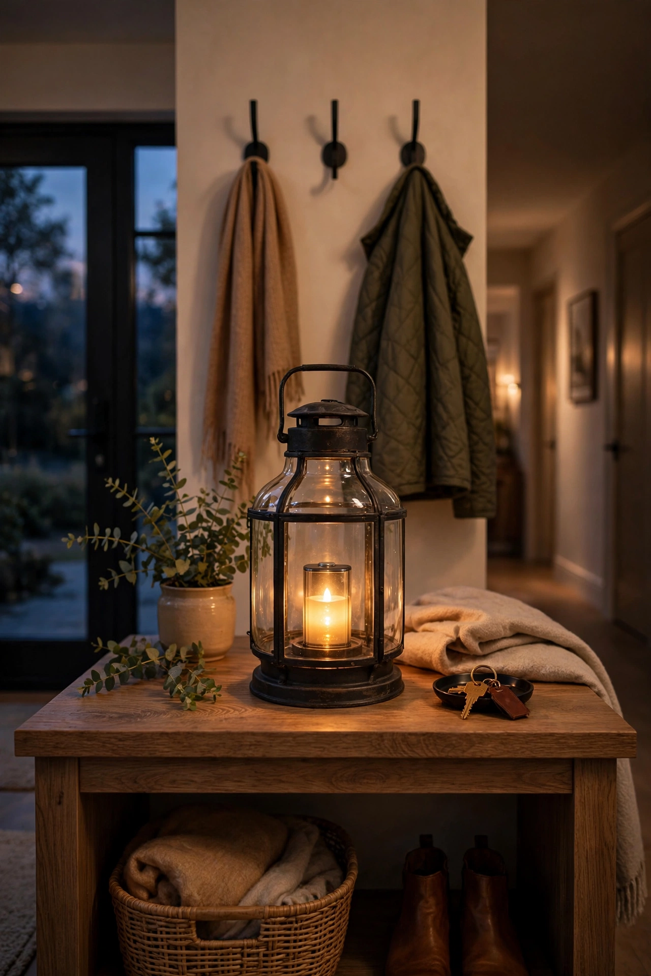 Glass lantern with glowing battery candle on an entryway console
