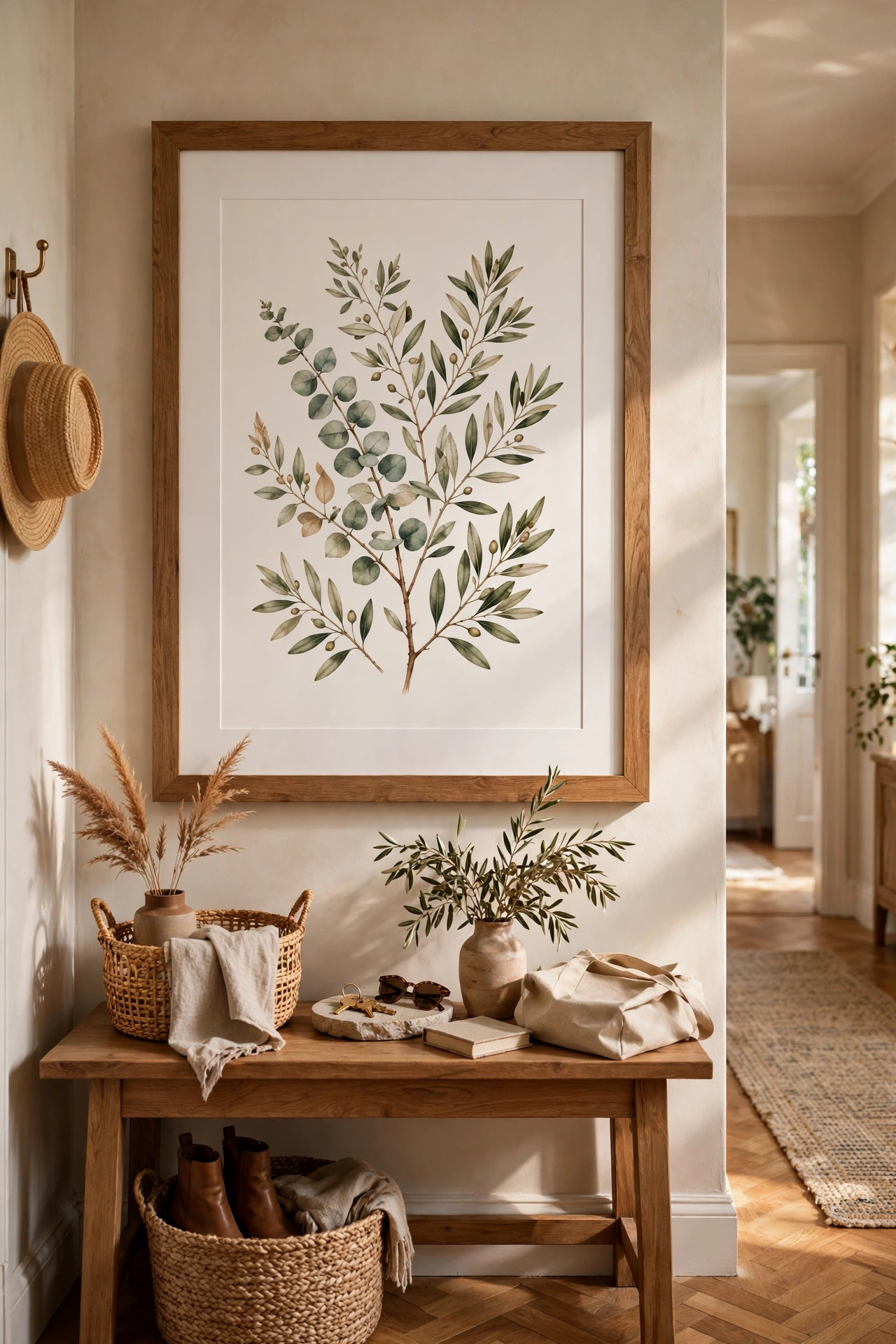 Framed botanical art print on a hallway wall