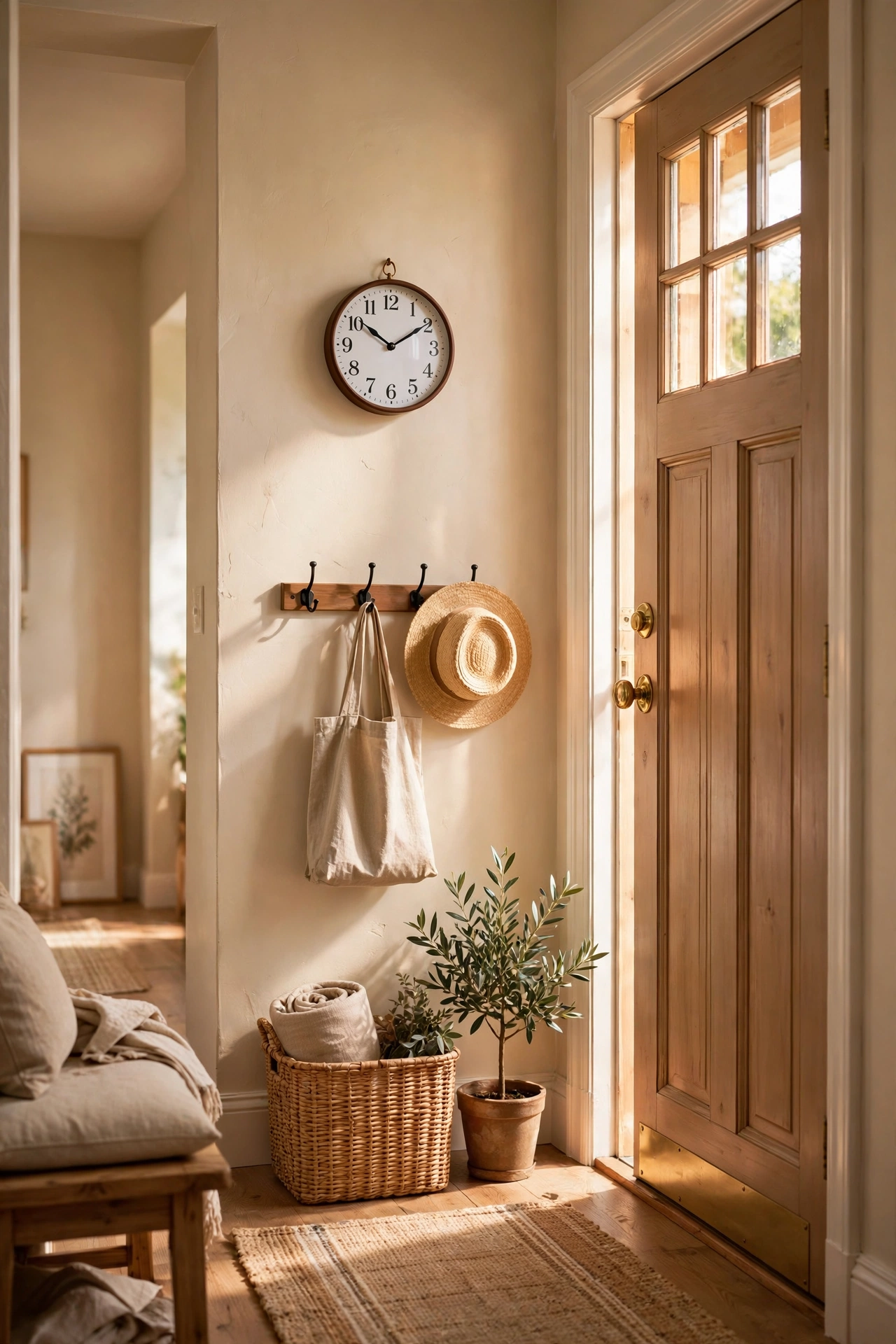 Small round wall clock with clear numerals by a front door