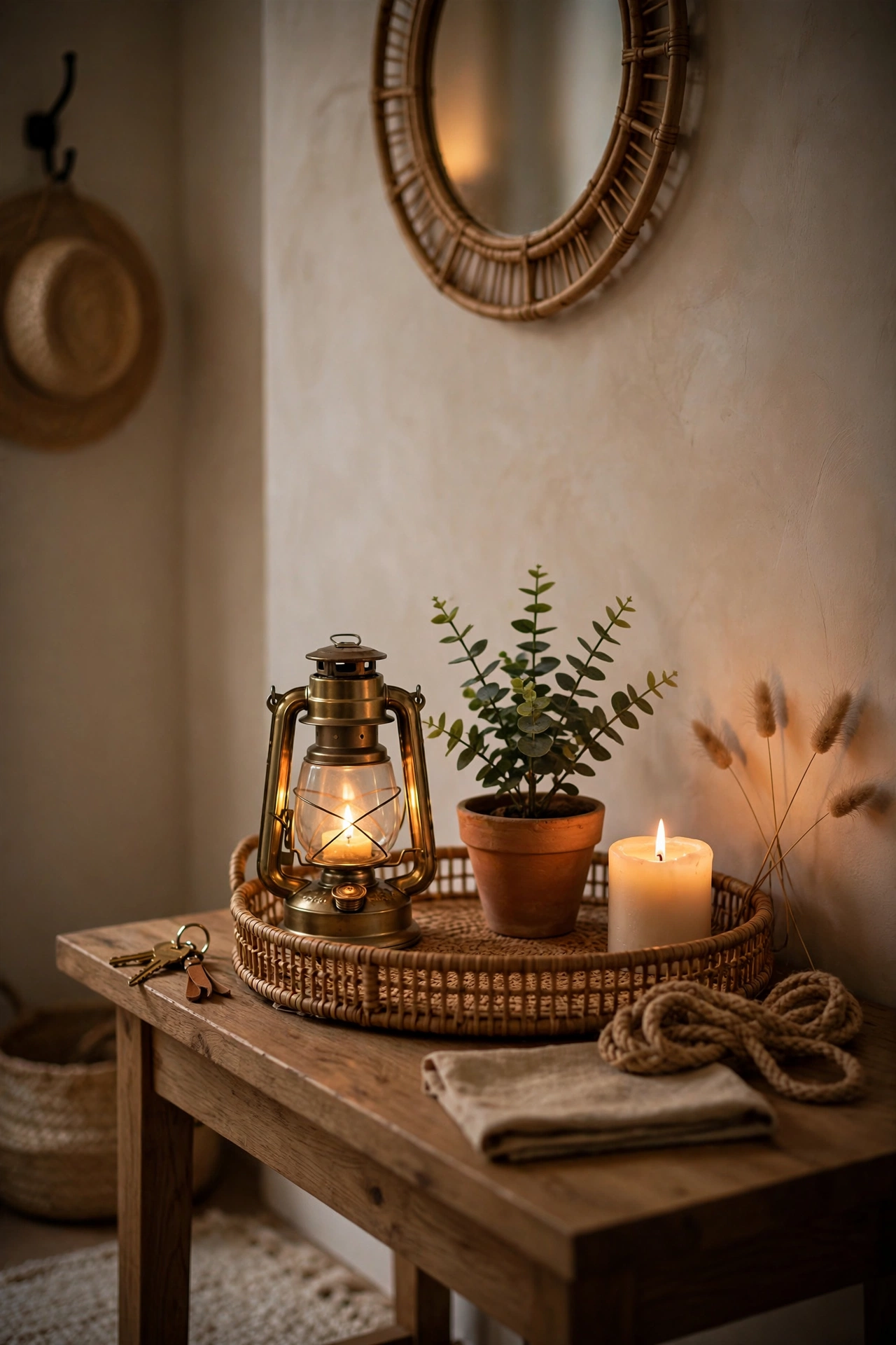 Styled decorative tray with lantern and greenery on a console table