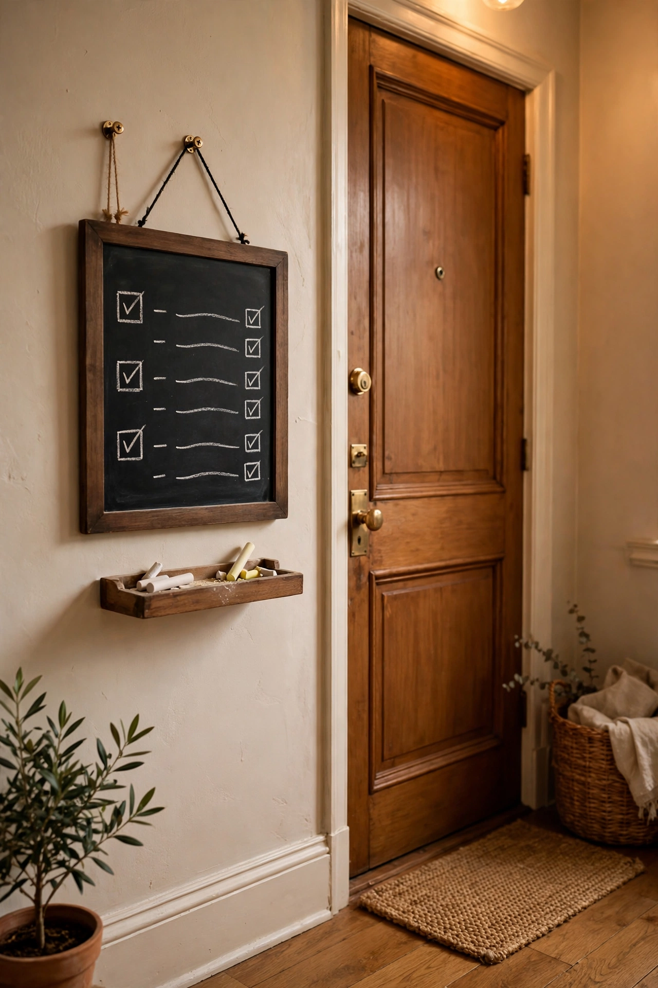 Small chalkboard memo board with handwritten notes beside a front door