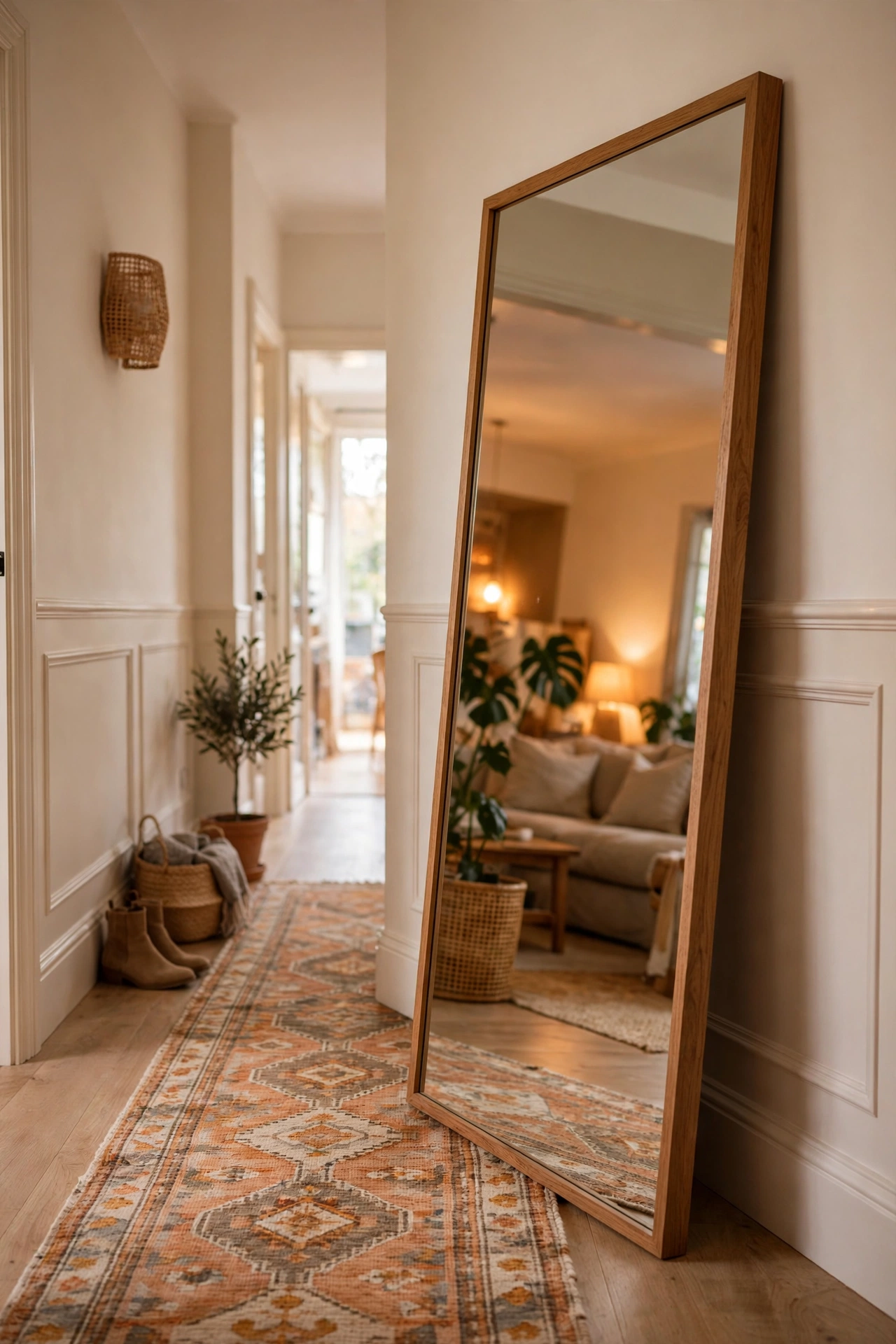Full-length leaning mirror against a hallway wall