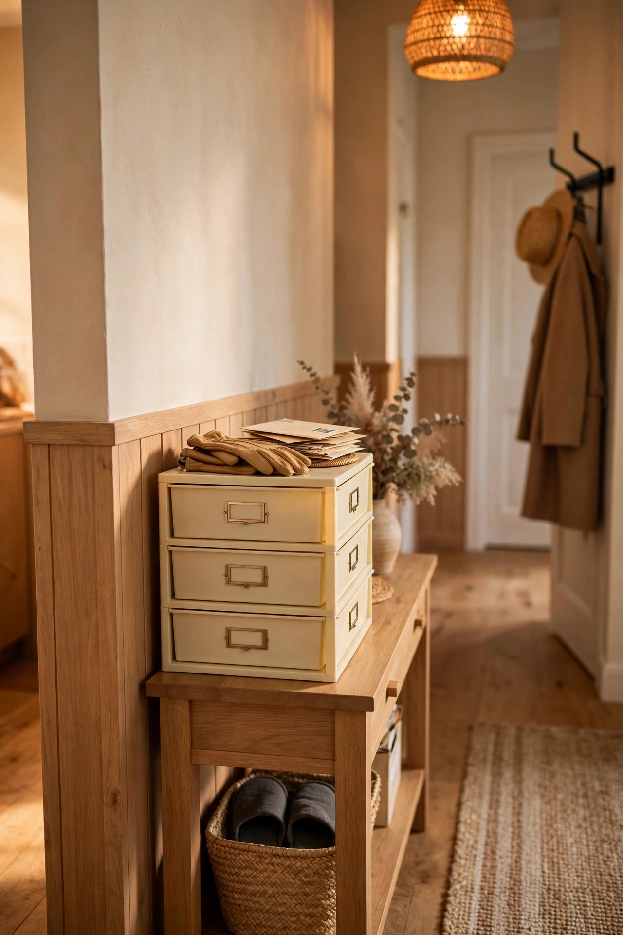 Small stackable drawer unit with labelled drawers on a console