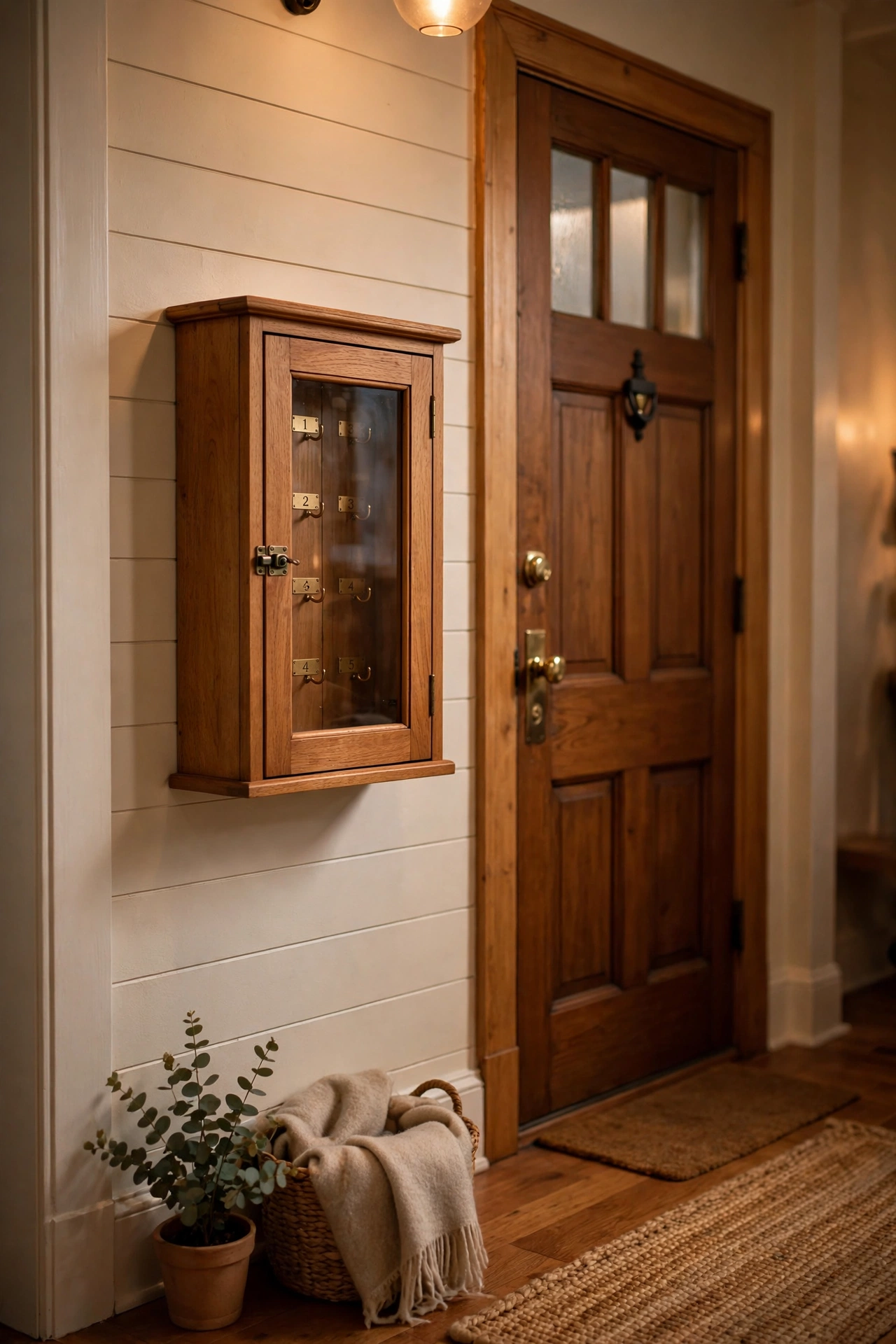 Small wooden key cabinet with closed door beside a front door