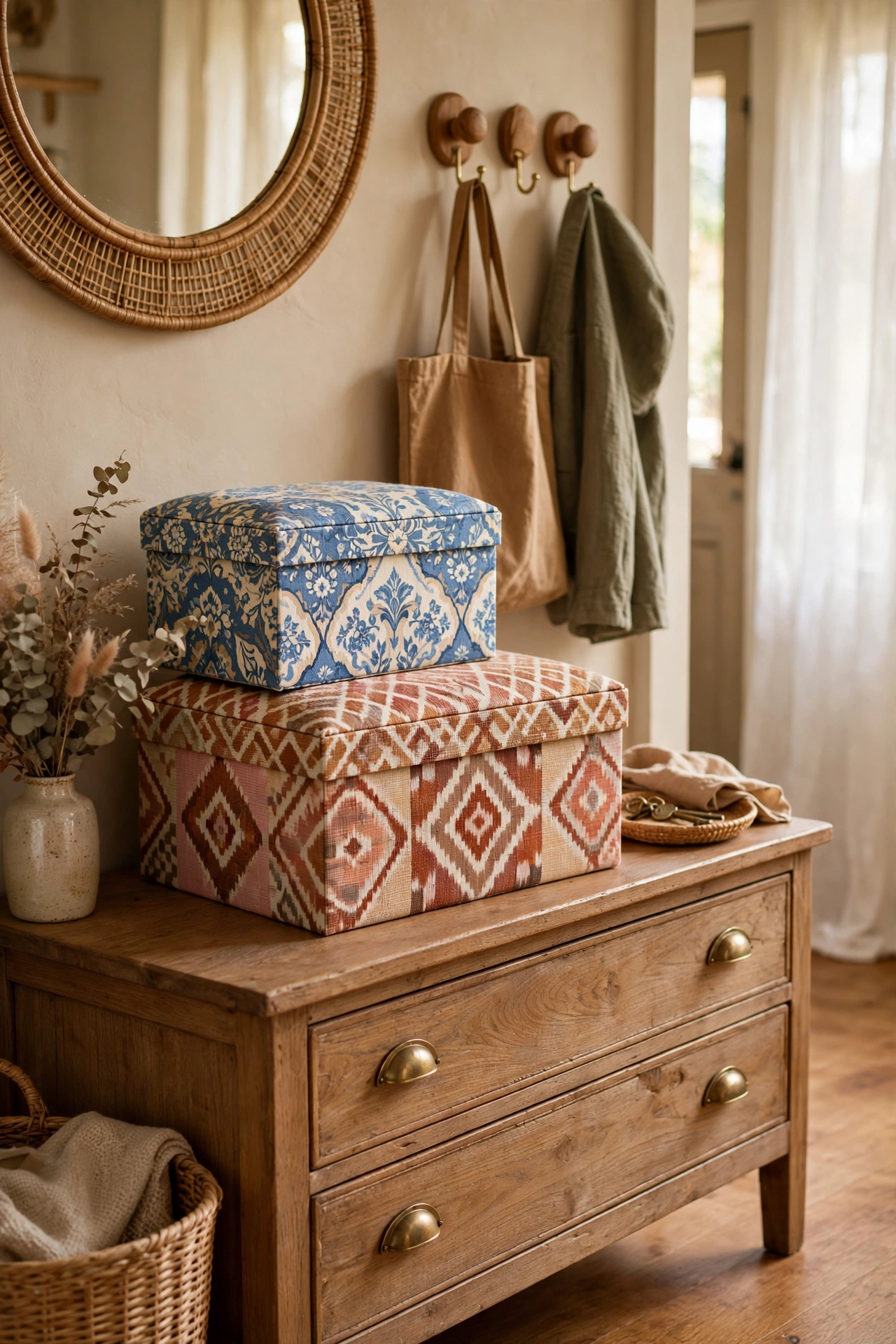 Two patterned lidded storage boxes stacked on an entryway console