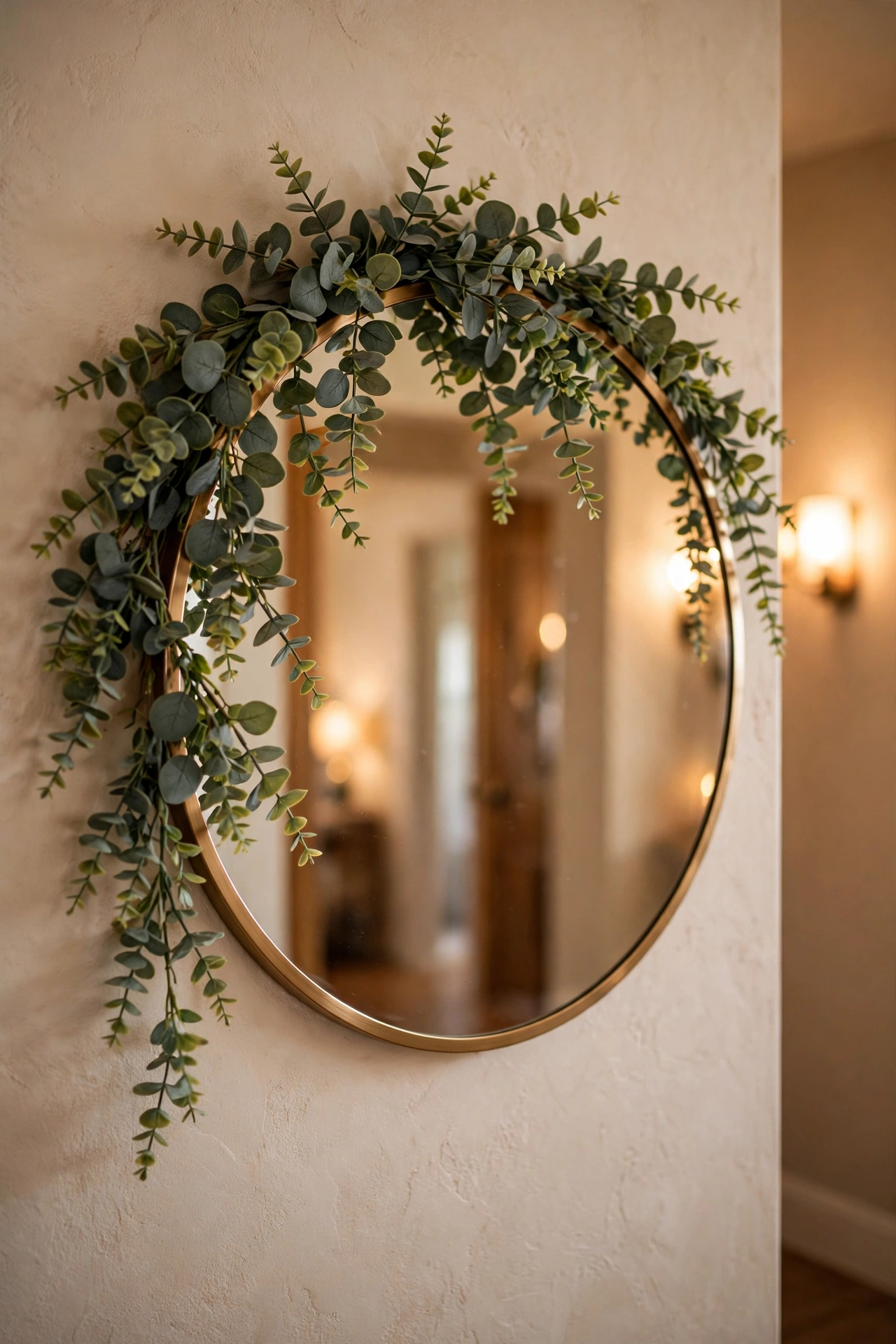 Faux eucalyptus garland draped across the top of a hallway mirror