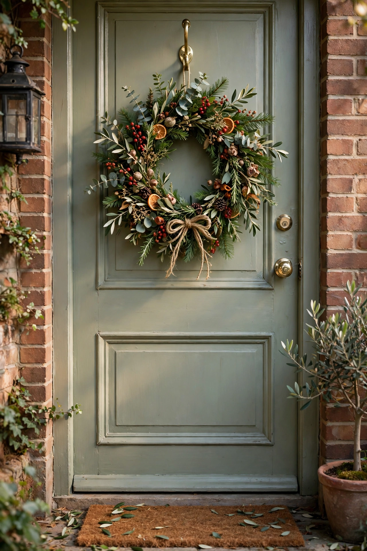 Seasonal wreath hanging on a front door