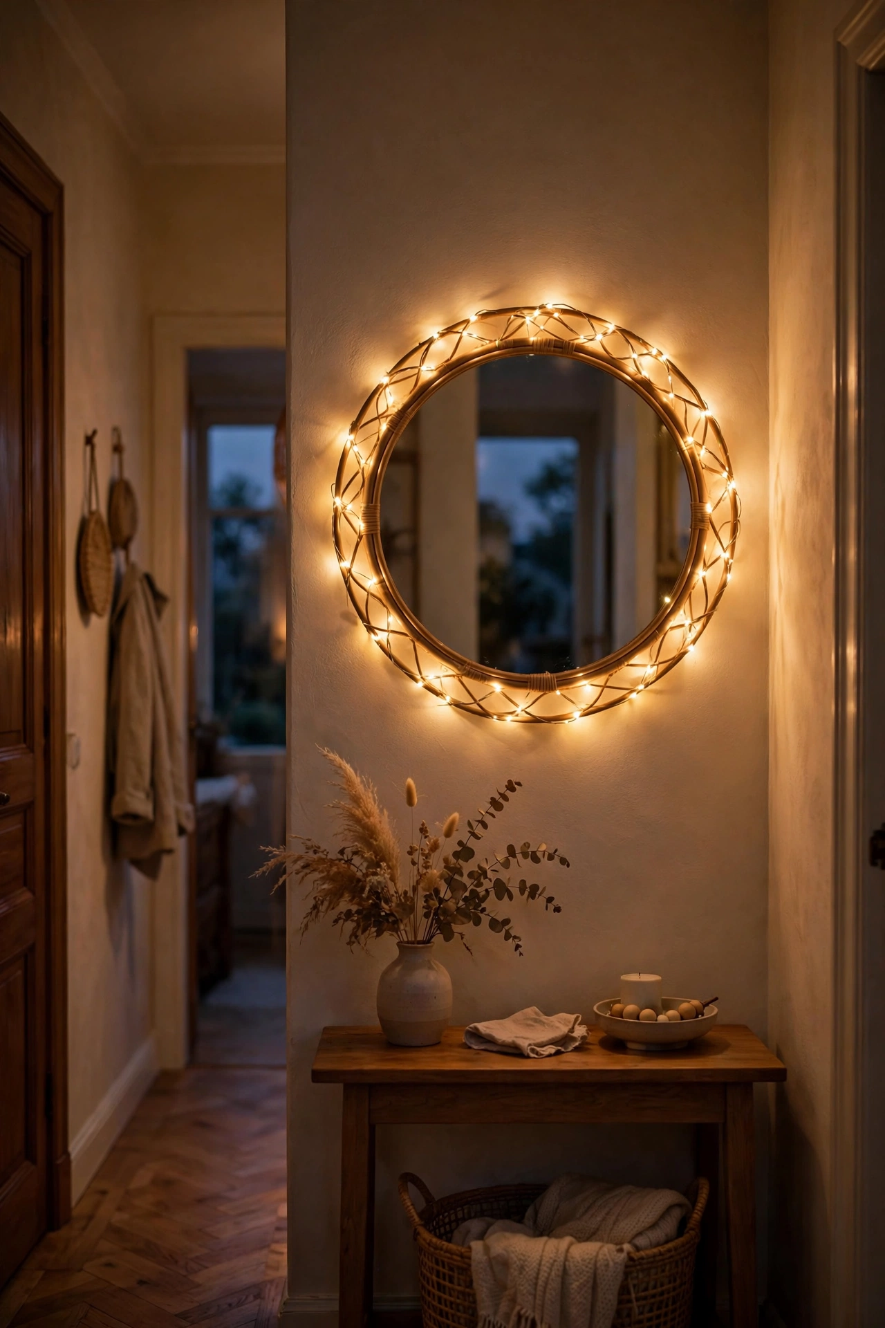 Warm fairy lights woven around a mirror frame in a hallway at dusk
