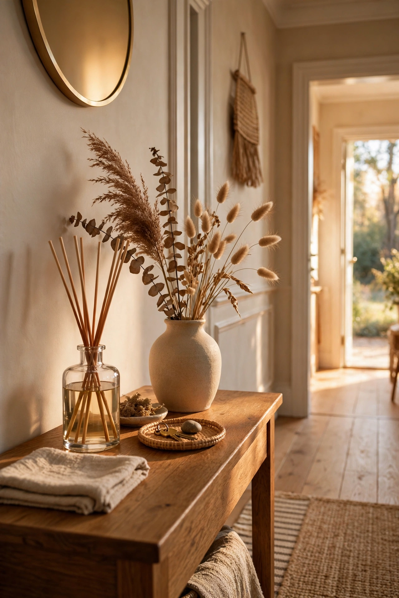 Reed diffuser set on an entryway console with dried stems