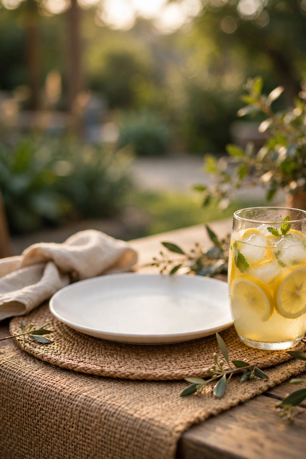 Woven-look placemats used as outdoor chargers on a patio table