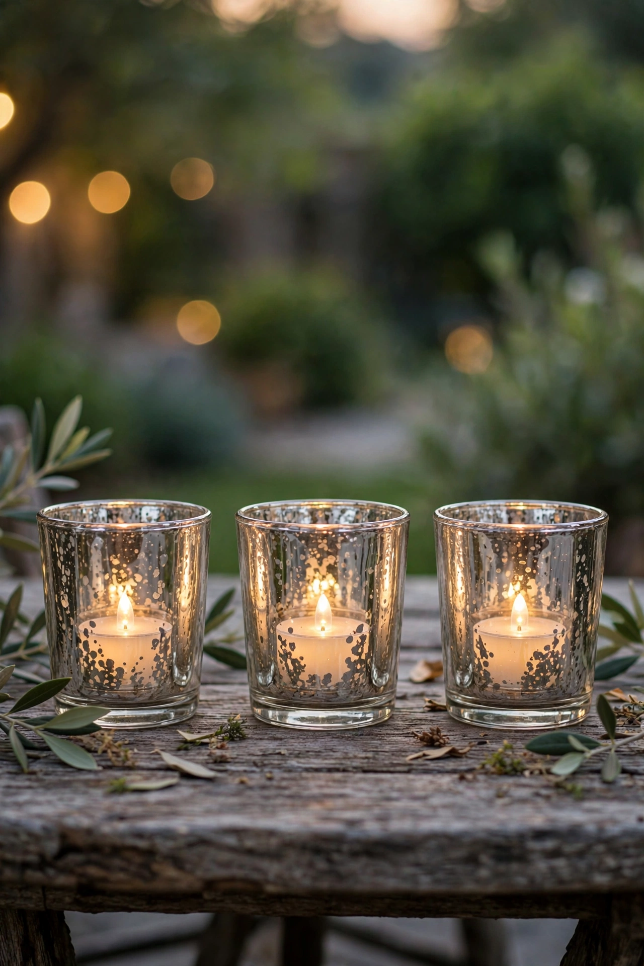 Mercury glass candle holders centrepiece on outdoor patio table