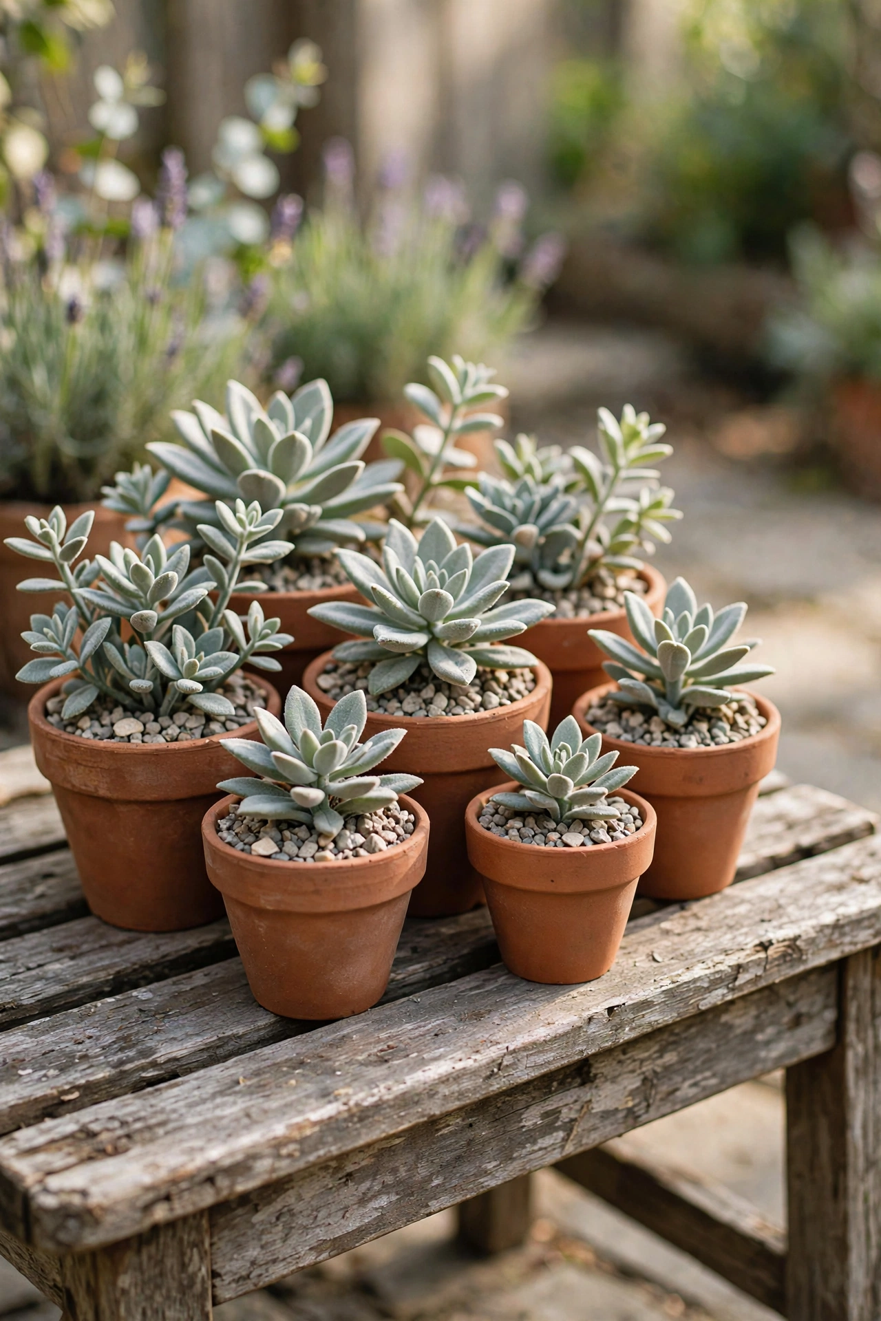 Faux succulents planted in small terracotta pots on a patio