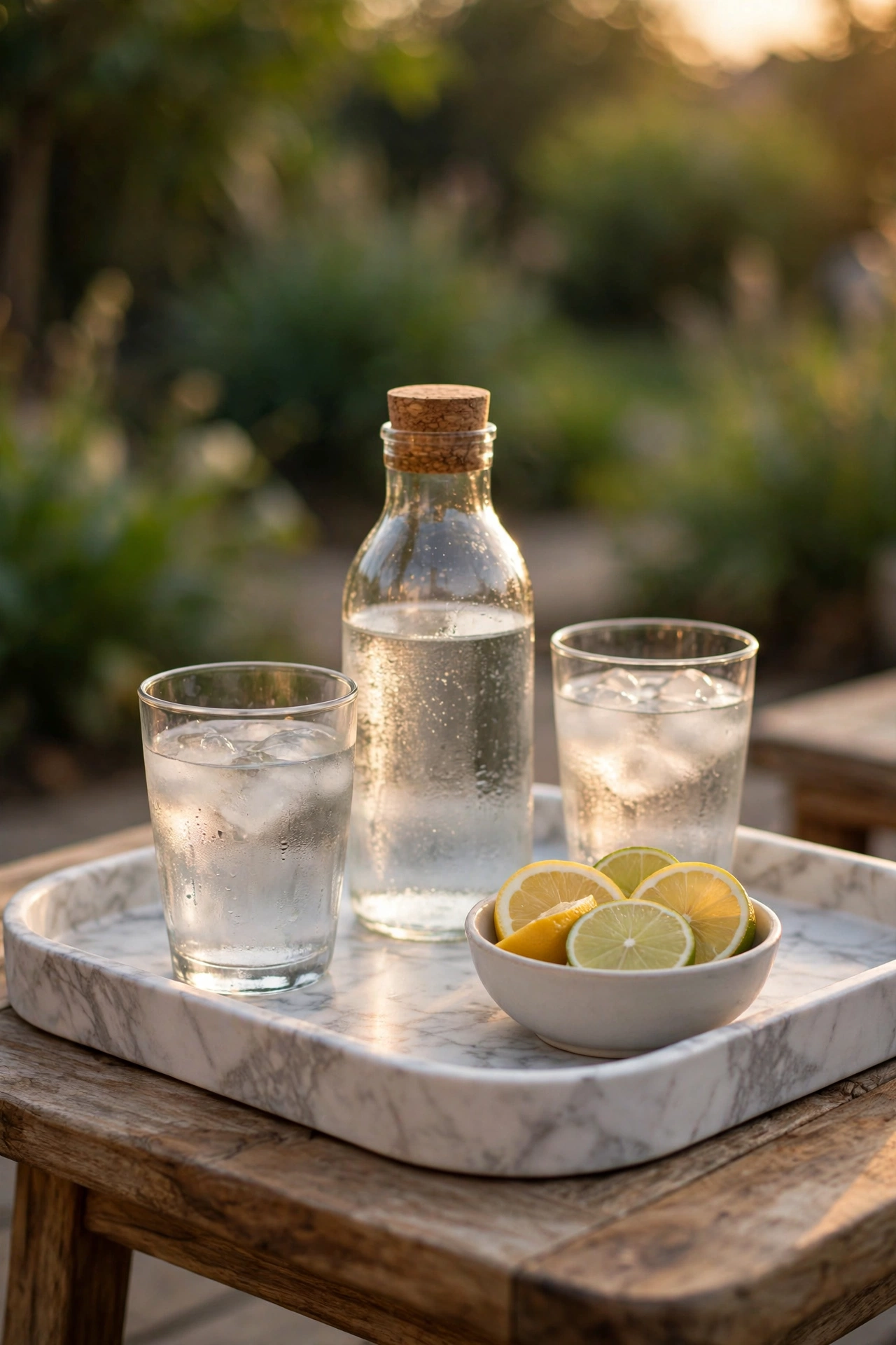 Melamine serving tray styled as an outdoor patio bar station