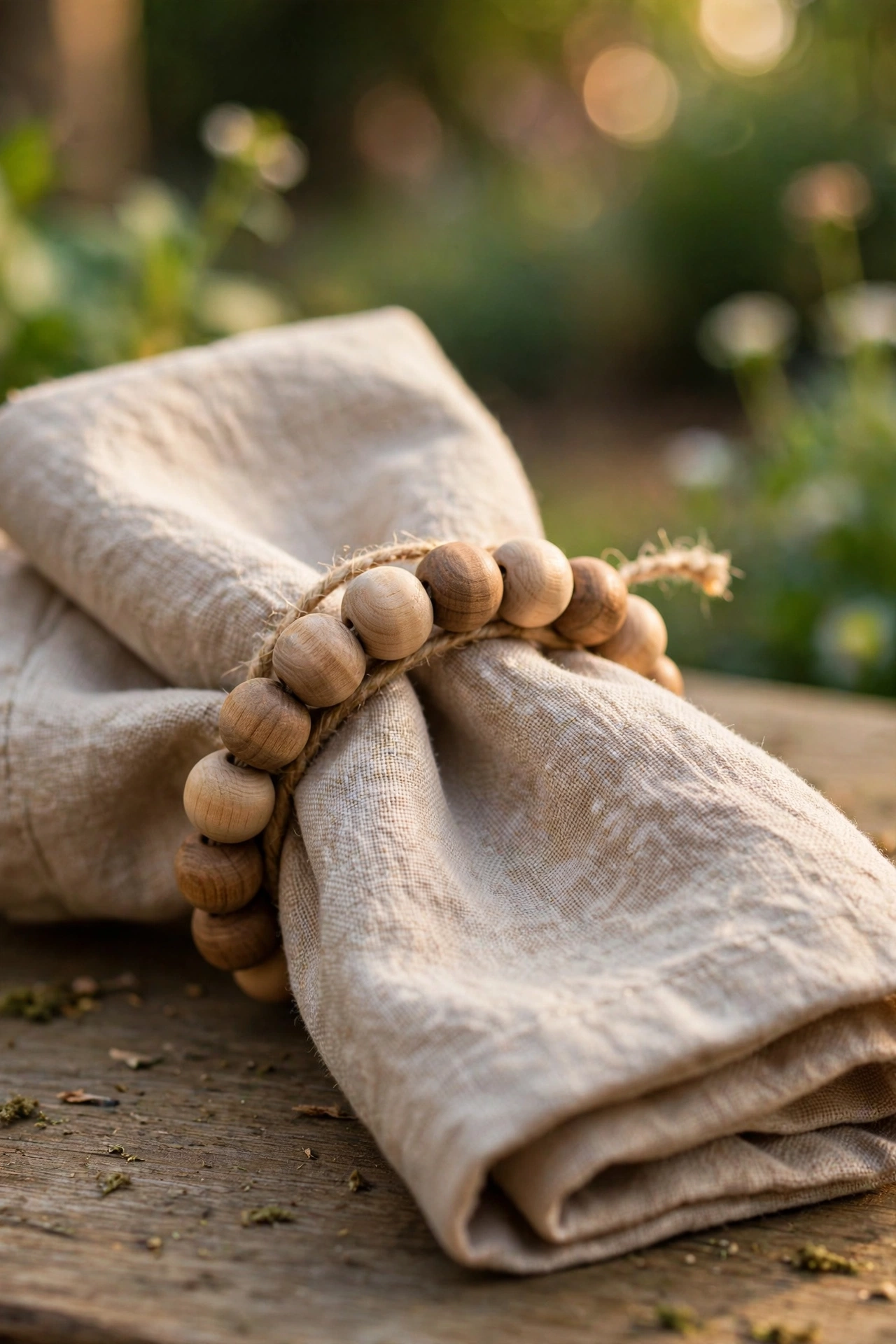 Linen-look napkins with handmade wooden bead napkin rings