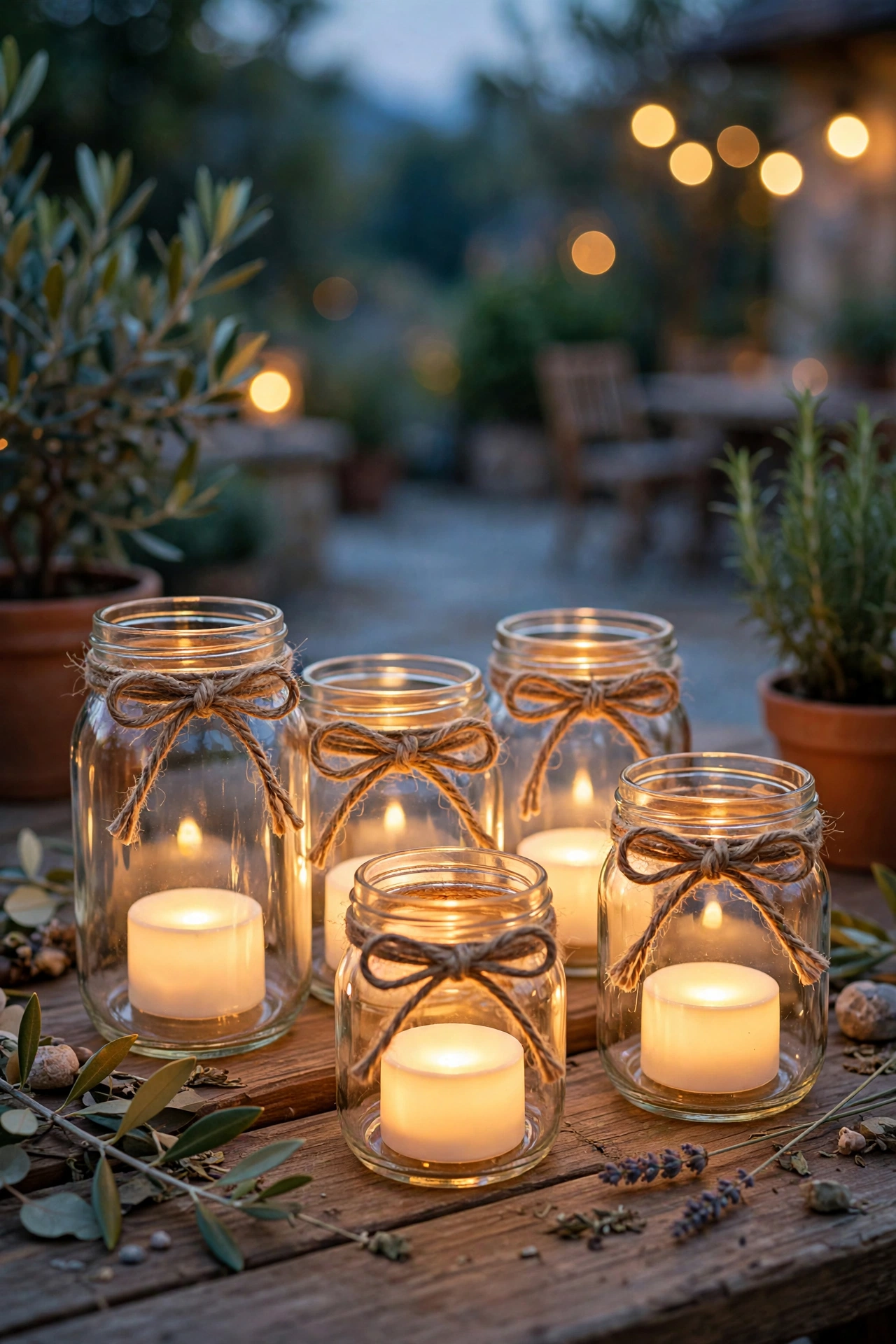 Glass jars with tea lights and twine bows as patio table lanterns