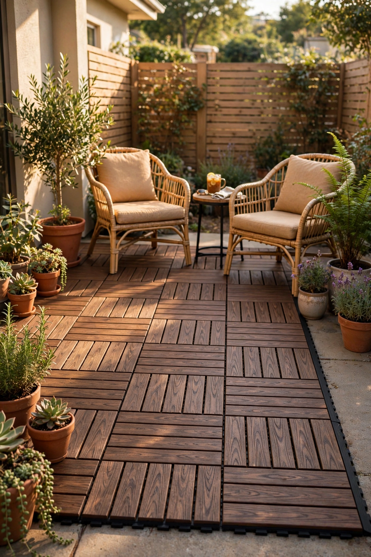 Interlocking wood-grain foam tiles covering a concrete patio