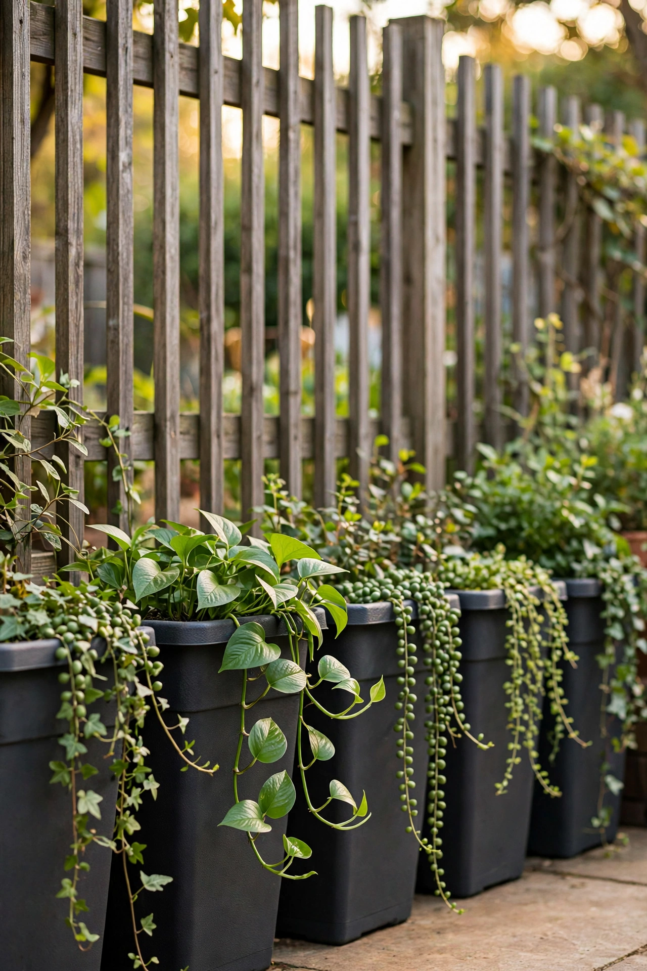 Plastic planters spray painted matte charcoal on a patio