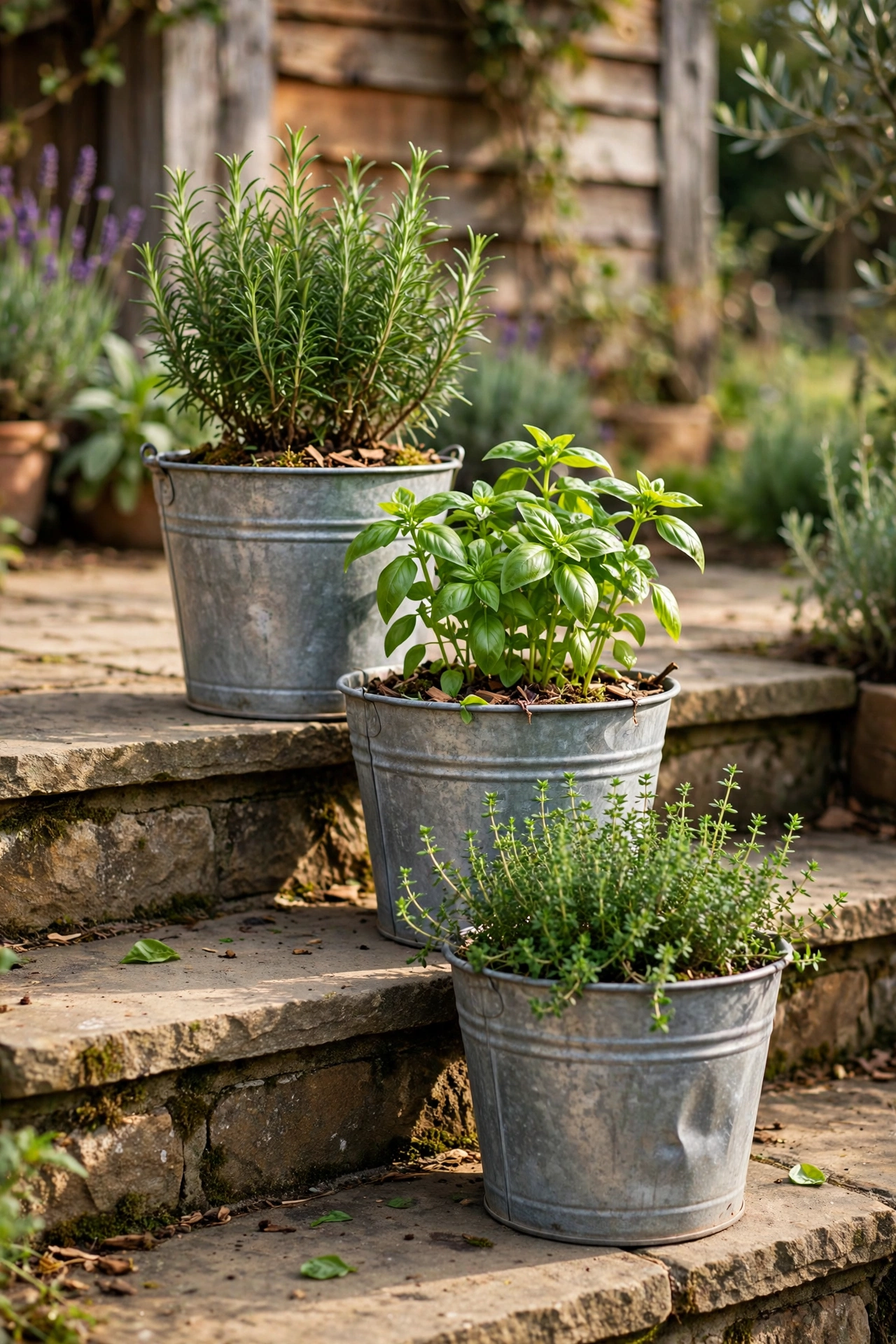 Galvanised-look metal buckets used as herb planters on patio steps