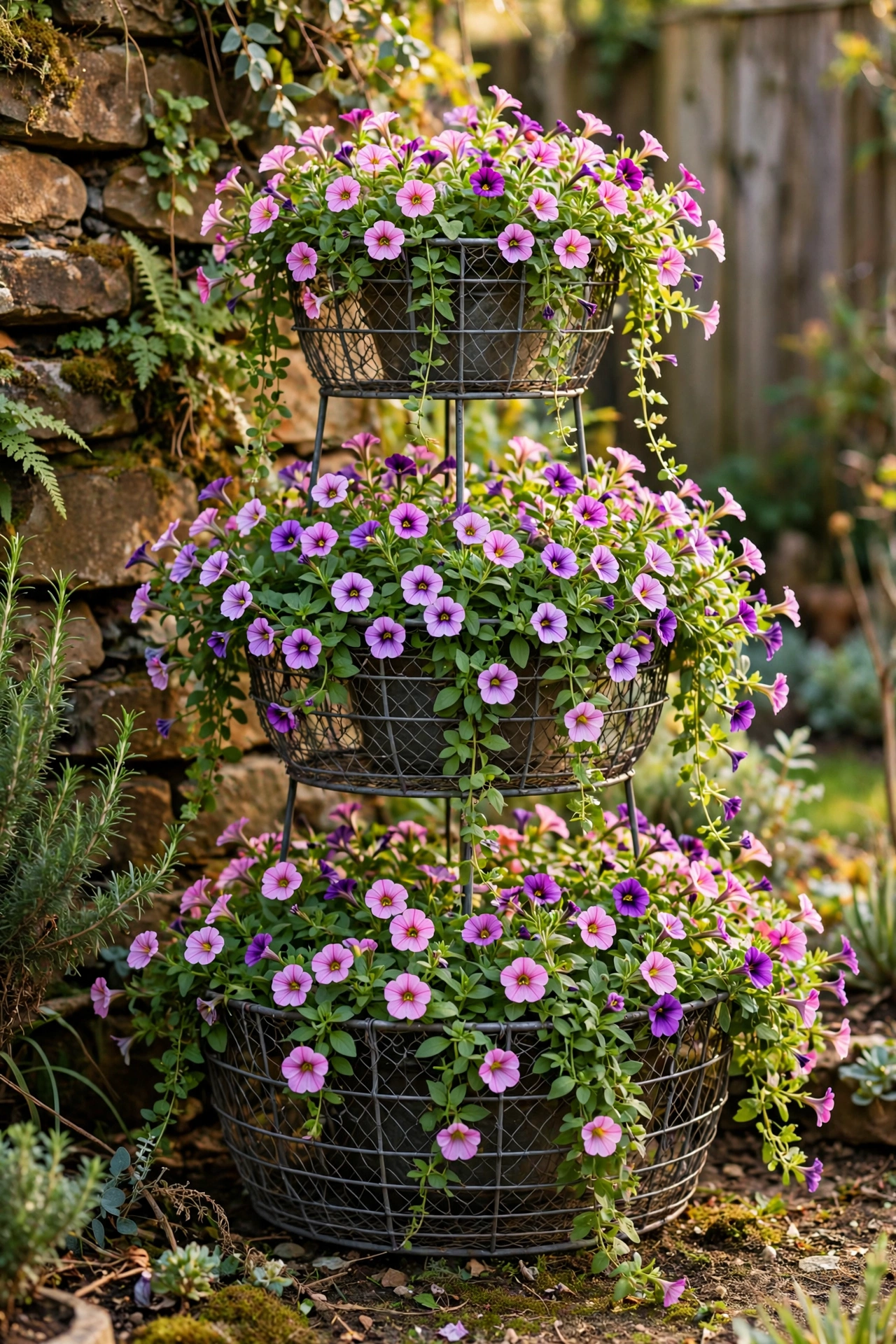 Tiered plant stand made from stacked wire baskets on a patio