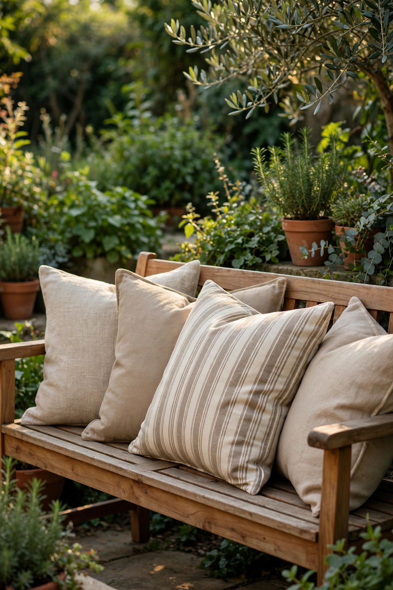 Outdoor throw pillows in cushion covers on patio chairs