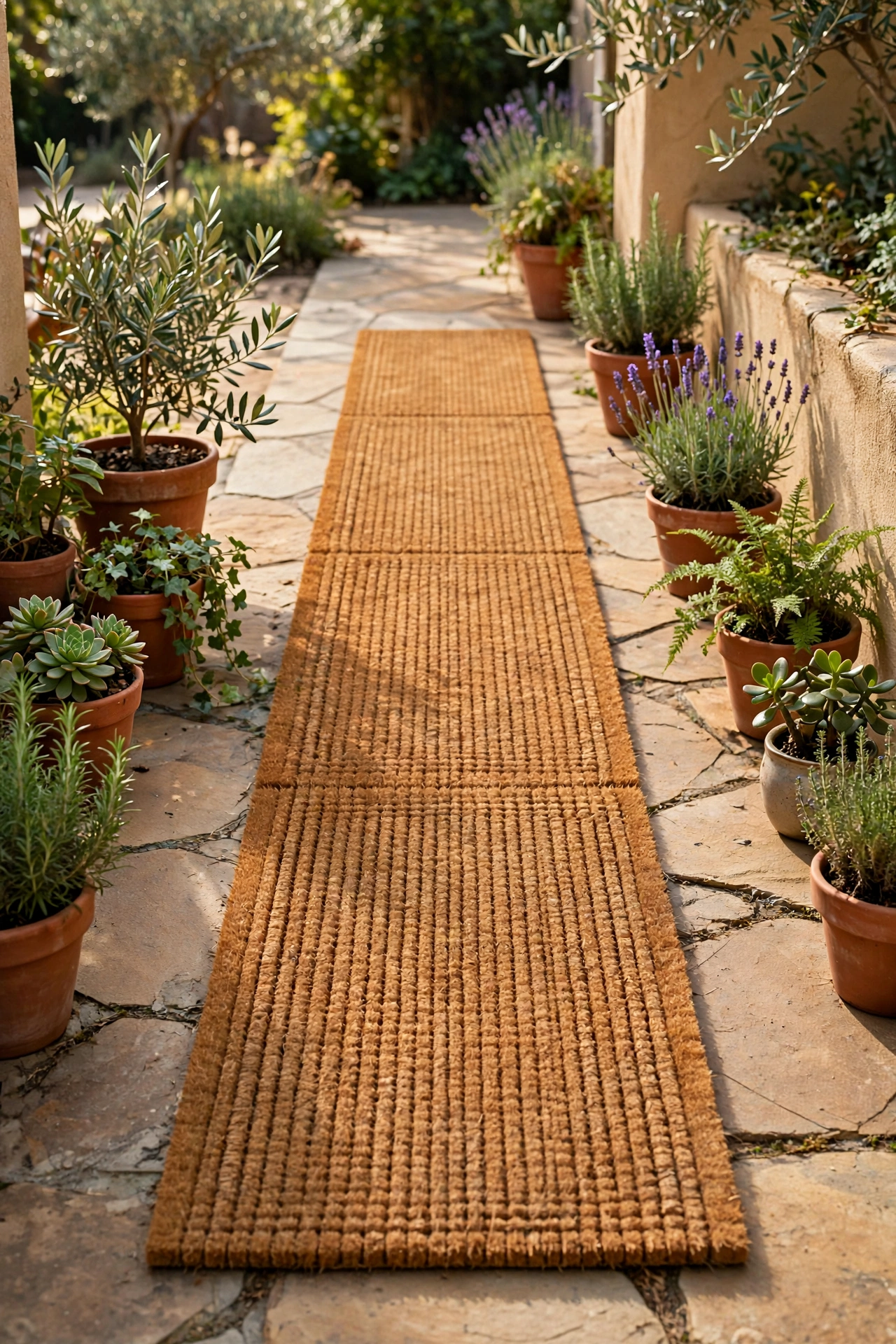 Matching coir doormats lined up as a long patio runner