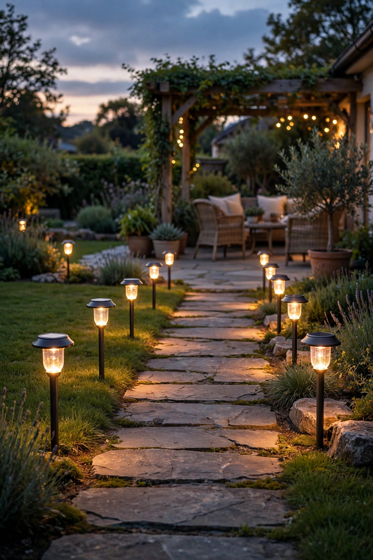 Solar stake lights glowing along a garden path at dusk