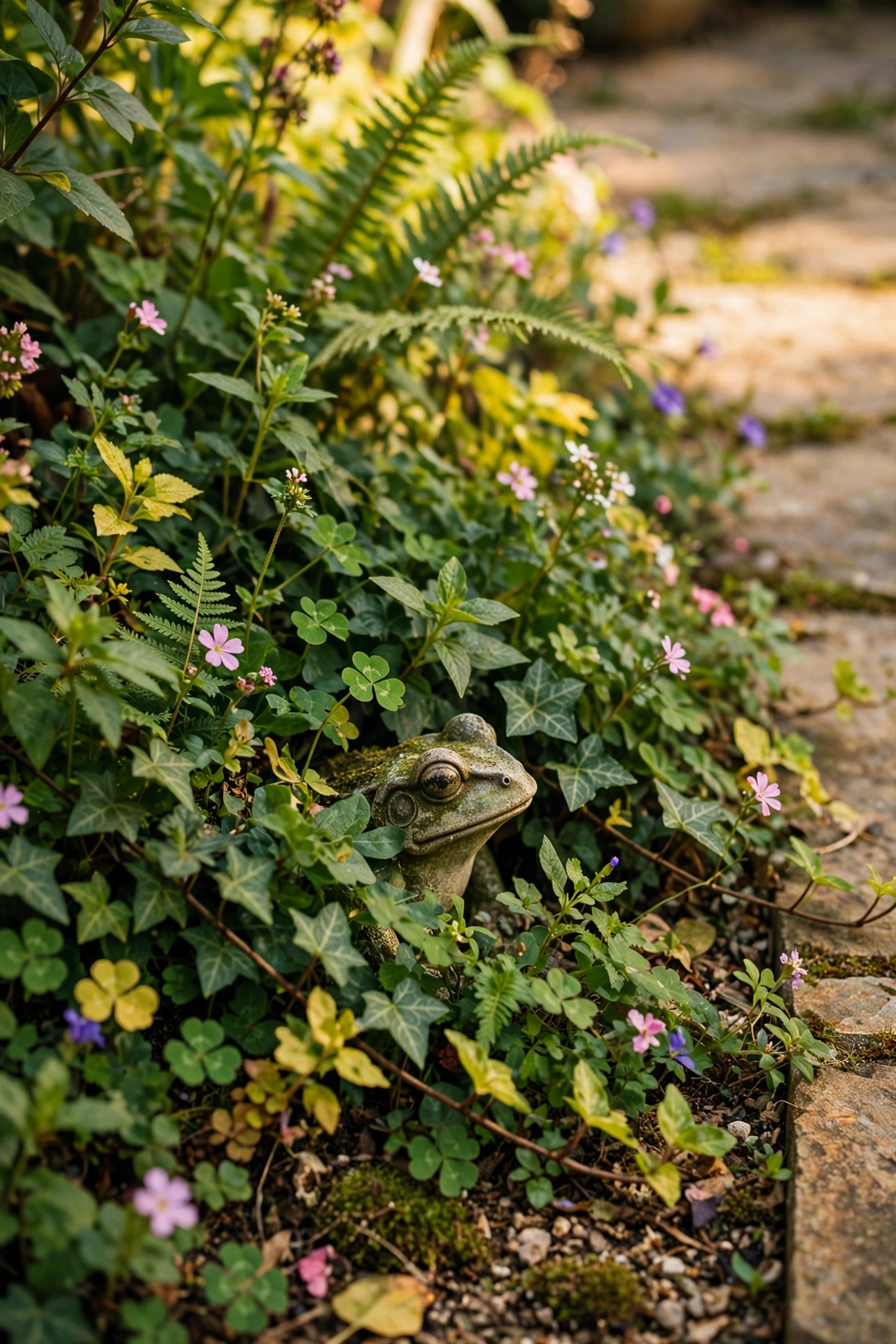 Small stone-finish garden statues nestled in flower beds