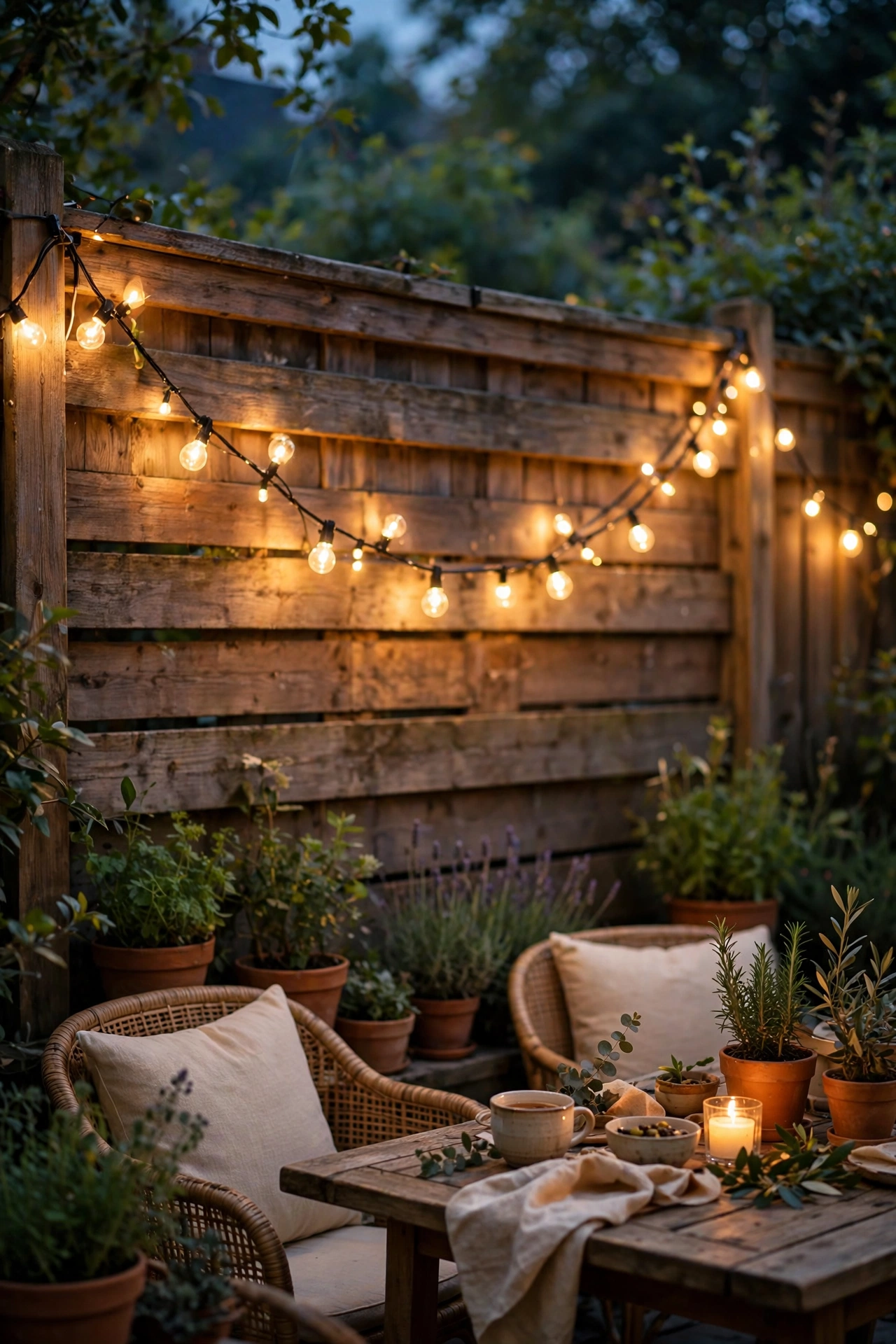 Warm string lights clipped along the top of a garden fence