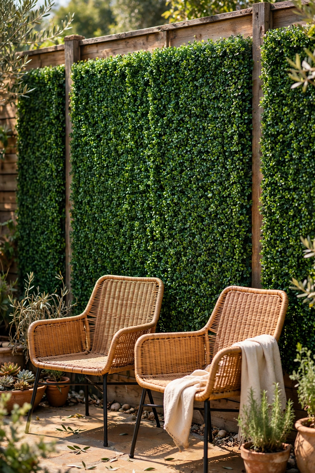 Faux boxwood hedge mats attached to a garden fence for privacy