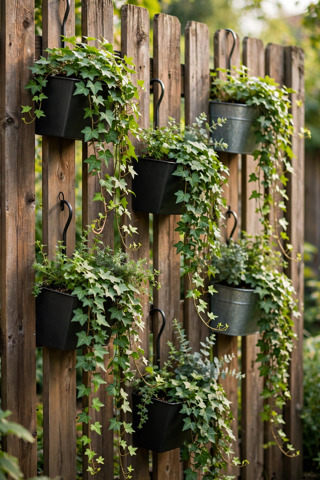 Hook-over wall planters with trailing plants on a fence