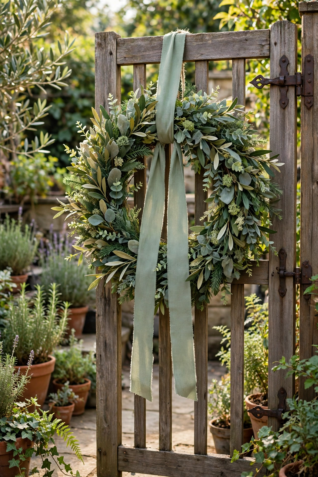Greenery wreath with ribbon hanging on a garden gate