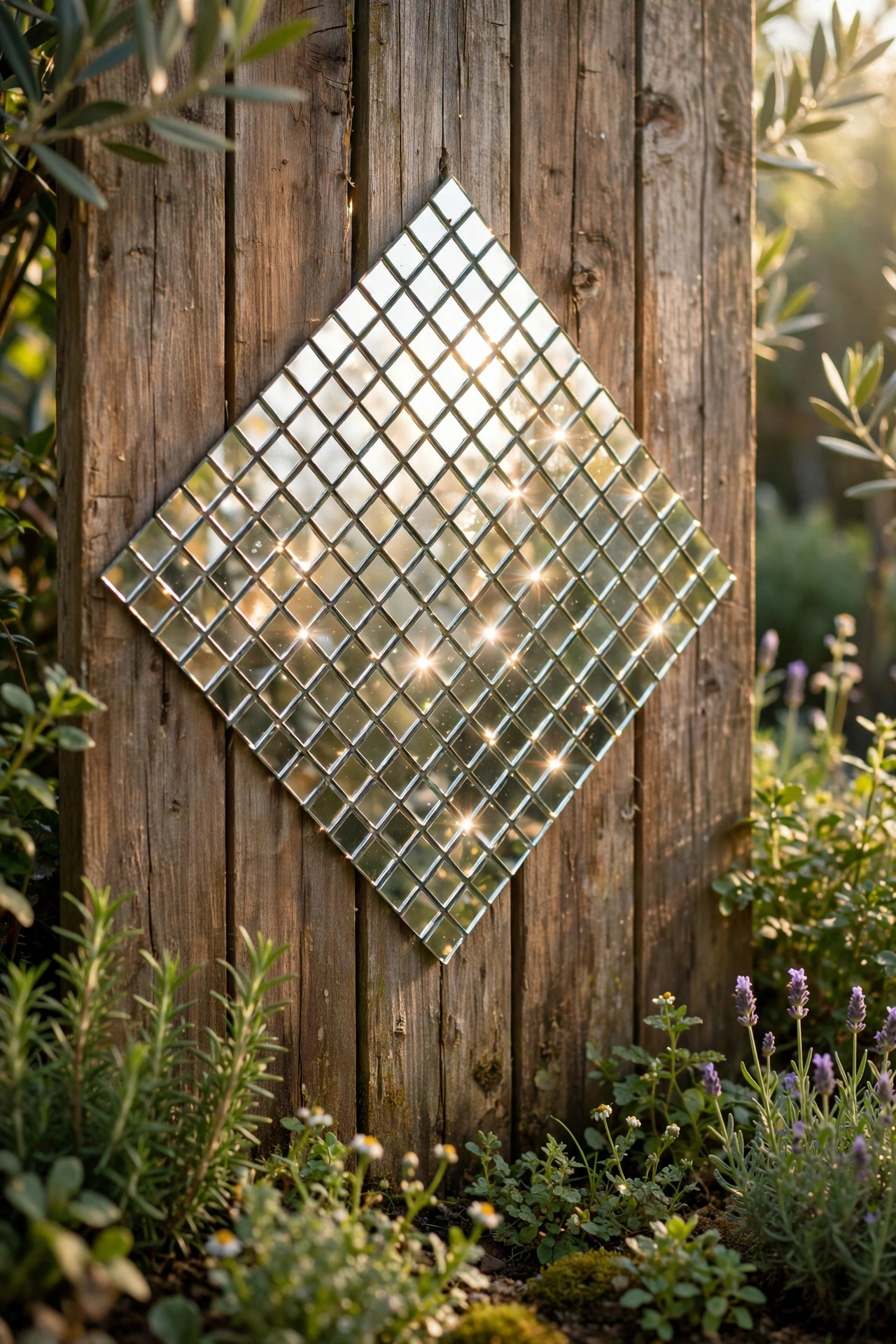 Mirror mosaic sun catcher squares sparkling on a fence panel