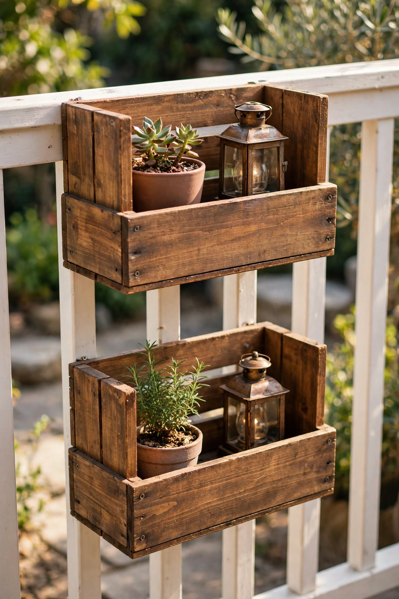 Wooden crate shelves mounted on a patio railing with plants