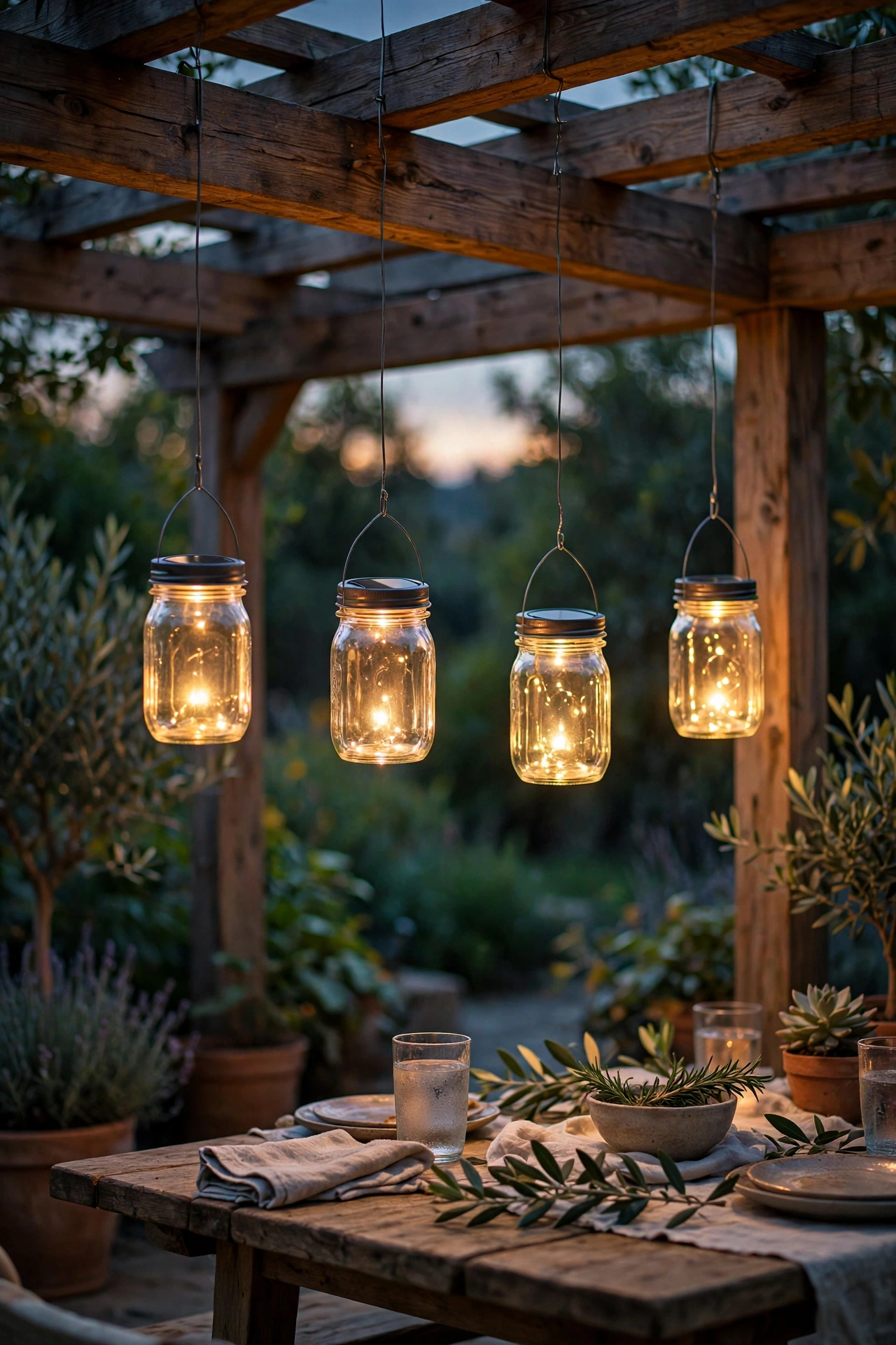 Mason jars with solar lids hanging as lanterns from a pergola